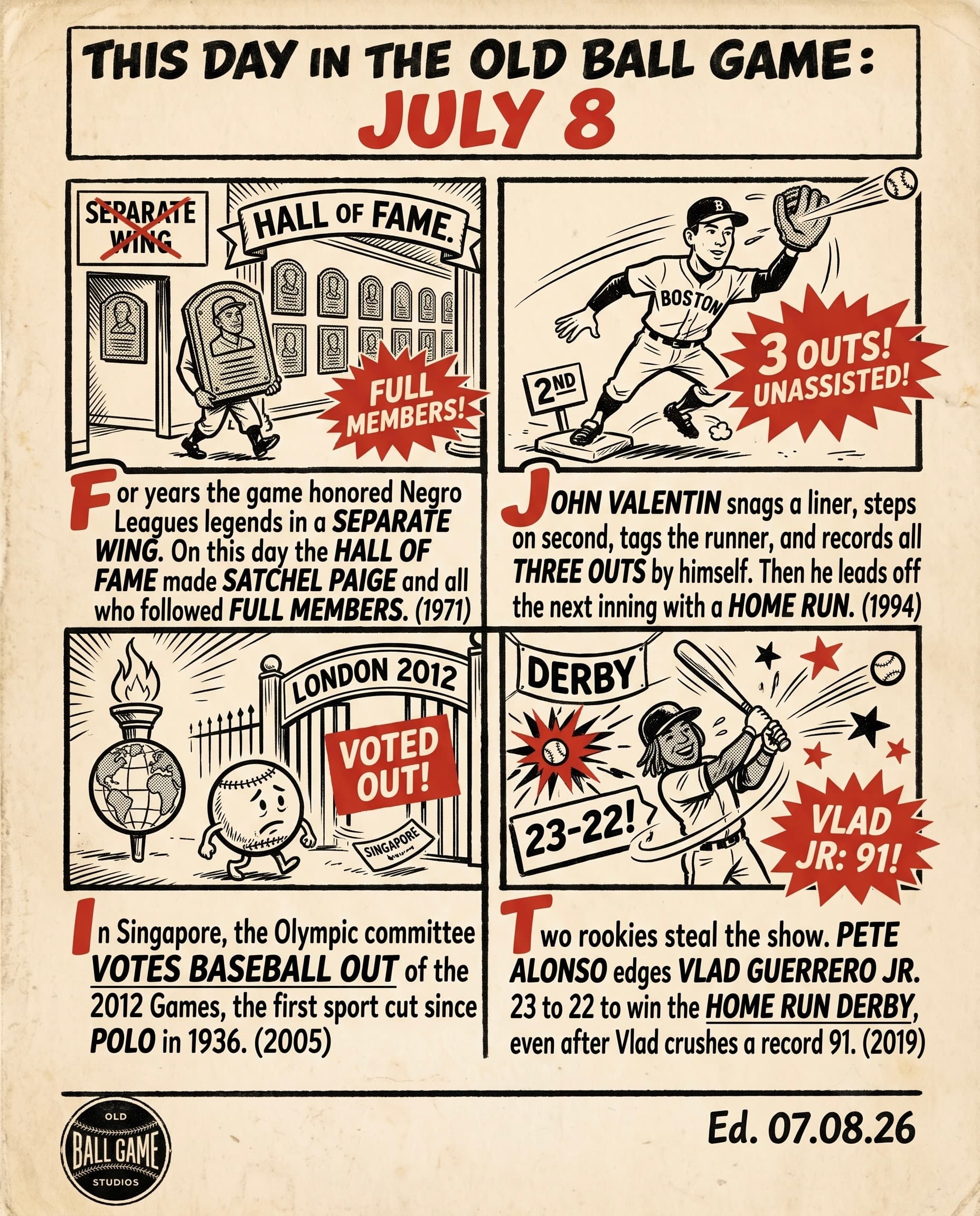 This Day in the Old Ball Game comic strip for July 8: four panels depicting Satchel Paige's full Hall of Fame induction announcement in 1971, John Valentin's unassisted triple play in 1994, baseball's Olympic removal in 2005, and the Alonso–Guerrero Home Run Derby duel in 2019.