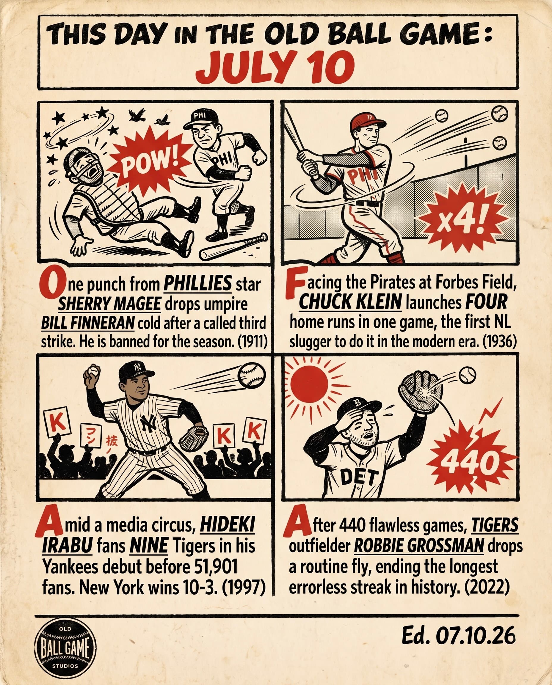 This Day in the Old Ball Game comic strip for July 10: four panels depicting Sherry Magee knocking out umpire Bill Finneran in 1911, Chuck Klein's four-homer game at Forbes Field in 1936, Hideki Irabu's electric Yankee Stadium debut in 1997, and Robbie Grossman's record errorless streak ending in 2022.