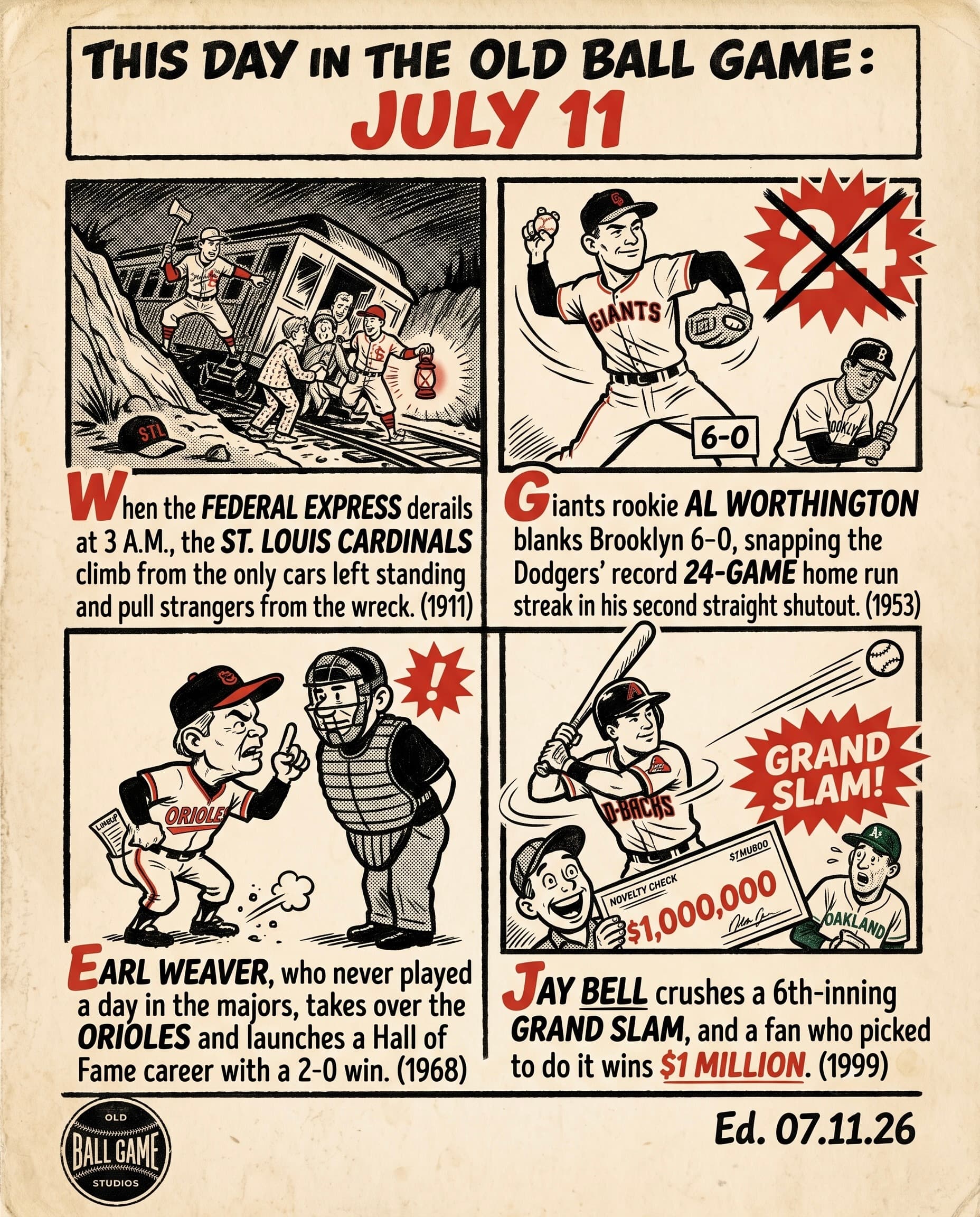 This Day in the Old Ball Game comic strip for July 11: four panels depicting the St. Louis Cardinals pulling survivors from the Federal Express train wreck in 1911, Giants rookie Al Worthington shutting out the Brooklyn Dodgers to end their home-run streak in 1953, Earl Weaver winning his Orioles managerial debut in 1968, and Jay Bell's million-dollar grand slam for a fan in 1999.