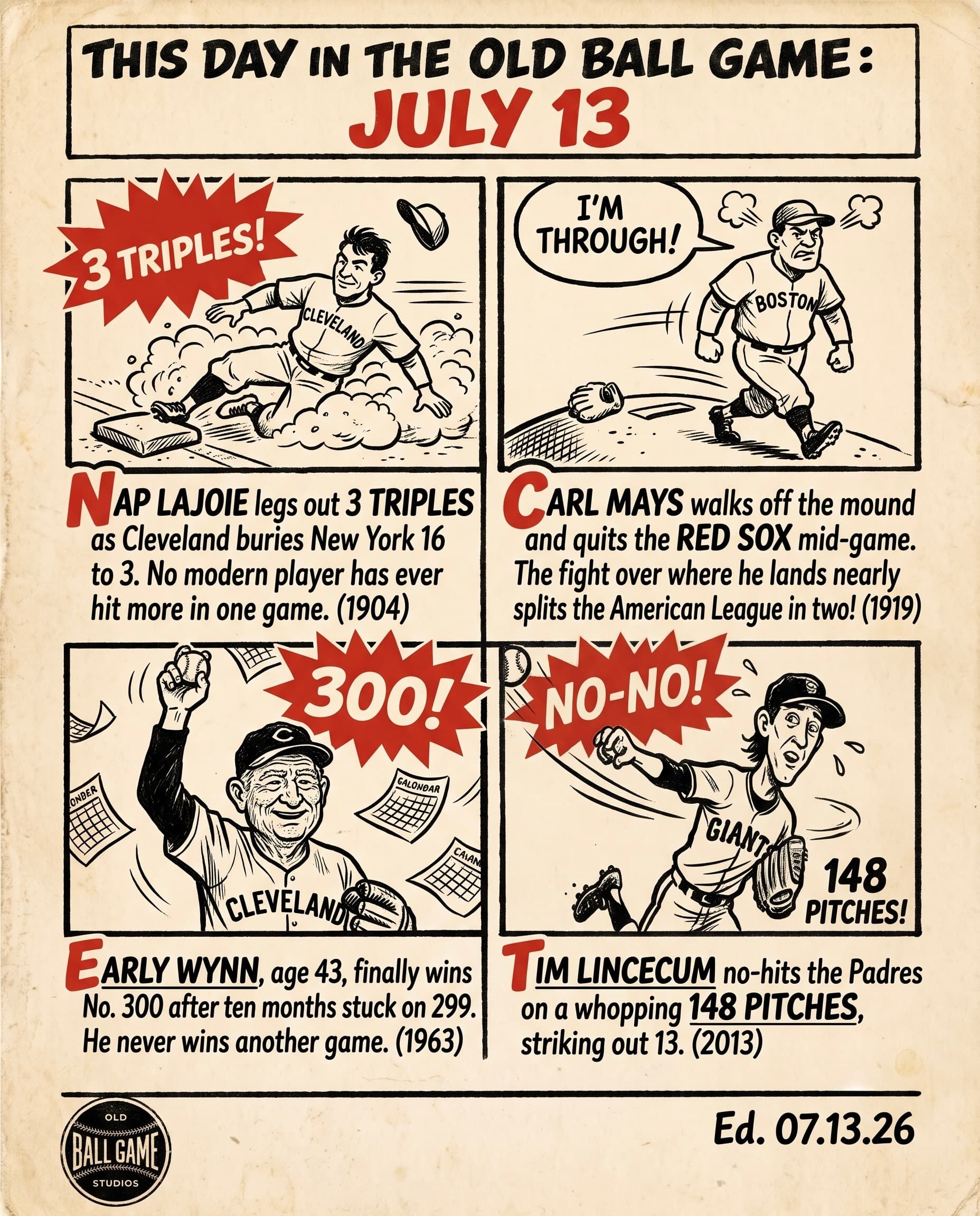 This Day in the Old Ball Game comic strip for July 13: four panels depicting Nap Lajoie legging out three triples in Cleveland's rout of the New York Highlanders in 1904, Red Sox ace Carl Mays walking off the mound and out of Boston in 1919, 43-year-old Early Wynn finally notching his 300th career win for Cleveland in 1963, and Tim Lincecum throwing his first no-hitter and striking out 13 Padres at Petco Park in 2013.