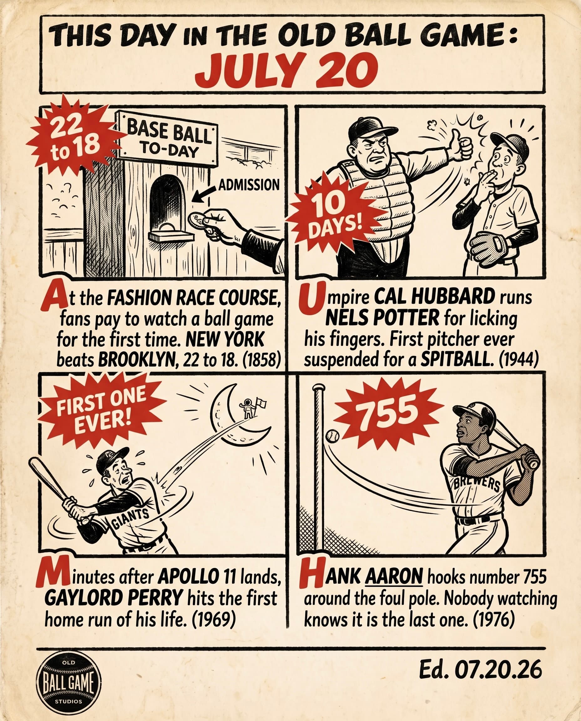 This Day in the Old Ball Game comic strip for July 20: four panels depicting the first documented admission charge in baseball history at the Fashion Race Course in Queens in 1858, umpire Cal Hubbard ejecting Browns pitcher Nels Potter as the first man punished under the spitball ban in 1944, Gaylord Perry hitting the first home run of his life at Candlestick Park hours after the Apollo 11 moon landing in 1969, and a 42-year-old Hank Aaron hitting career home run number 755 in Milwaukee in 1976.
