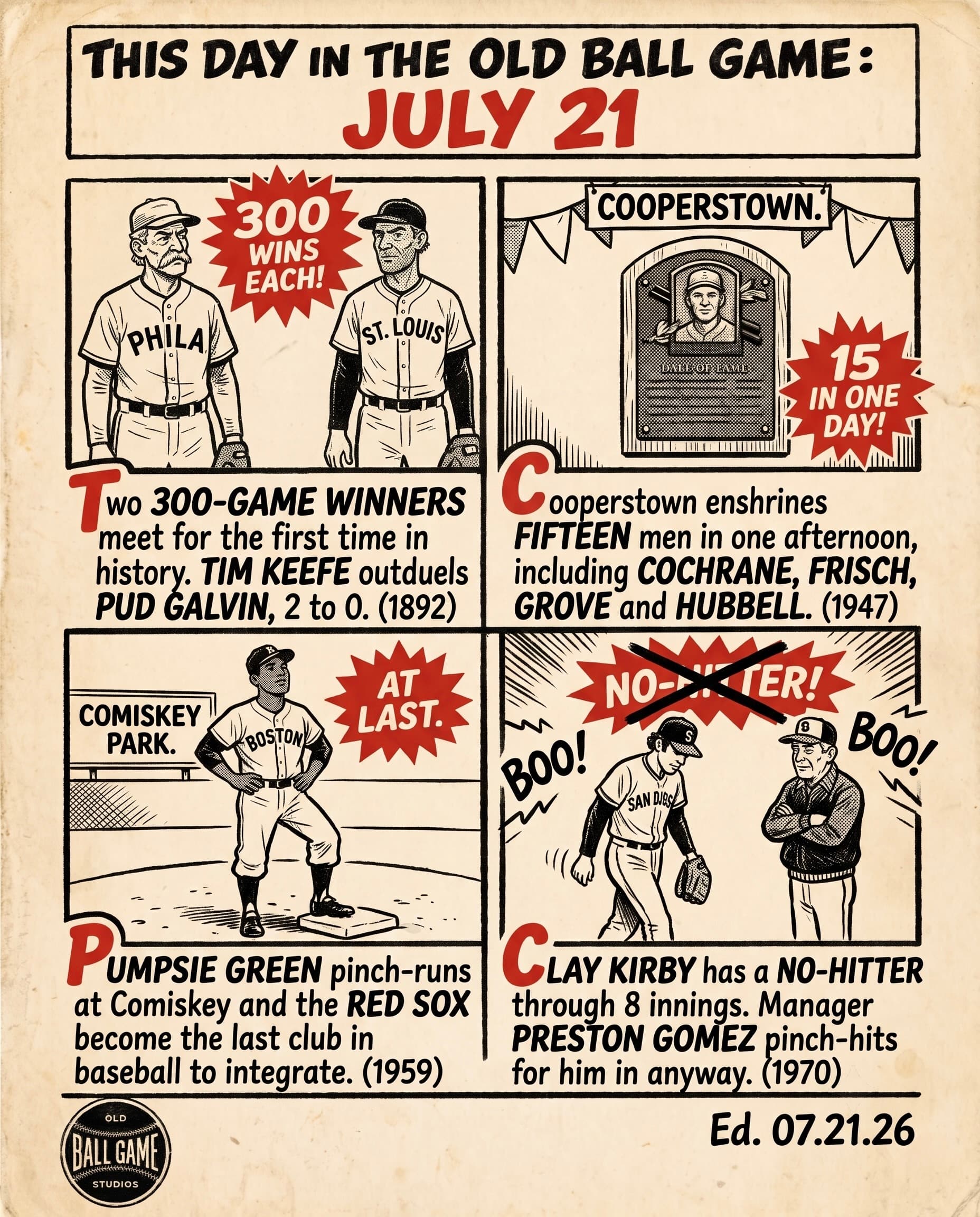 This Day in the Old Ball Game comic strip for July 21: four panels depicting the first meeting of two 300-game winners as Tim Keefe's Phillies beat Pud Galvin's St. Louis Browns 2 to 0 in Philadelphia in 1892, fifteen men inducted into the Hall of Fame in a single Cooperstown afternoon with the combined 1946 and 1947 classes including Mickey Cochrane, Lefty Grove, Frankie Frisch, and Carl Hubbell in 1947, Pumpsie Green entering at Comiskey Park to make the Red Sox the last of sixteen clubs to integrate in 1959, and Padres manager Preston Gomez pinch-hitting Cito Gaston for Clay Kirby's no-hit bid in the eighth on the way to a 3 to 0 loss to the Mets in 1970.