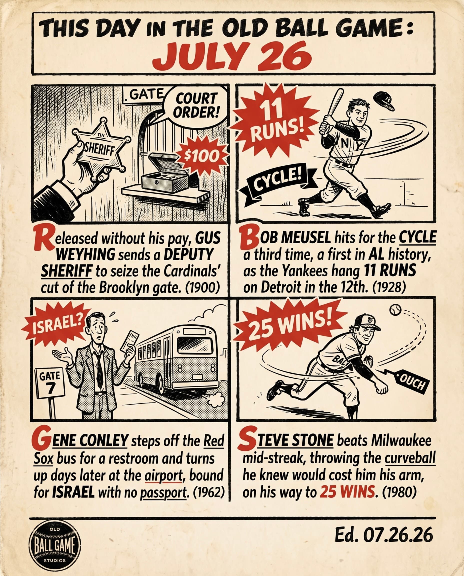 This Day in the Old Ball Game comic strip for July 26: four panels depicting a deputy sheriff seizing the Cardinals' share of the gate in Brooklyn over Gus Weyhing's unpaid wages in 1900, Bob Meusel completing the third cycle of his career during an eleven-run twelfth inning at Navin Field in 1928, Gene Conley and Pumpsie Green stepping off the stalled Red Sox team bus in New York in 1962, and Steve Stone beating the Brewers 4-1 during his 25-win Cy Young season in 1980.