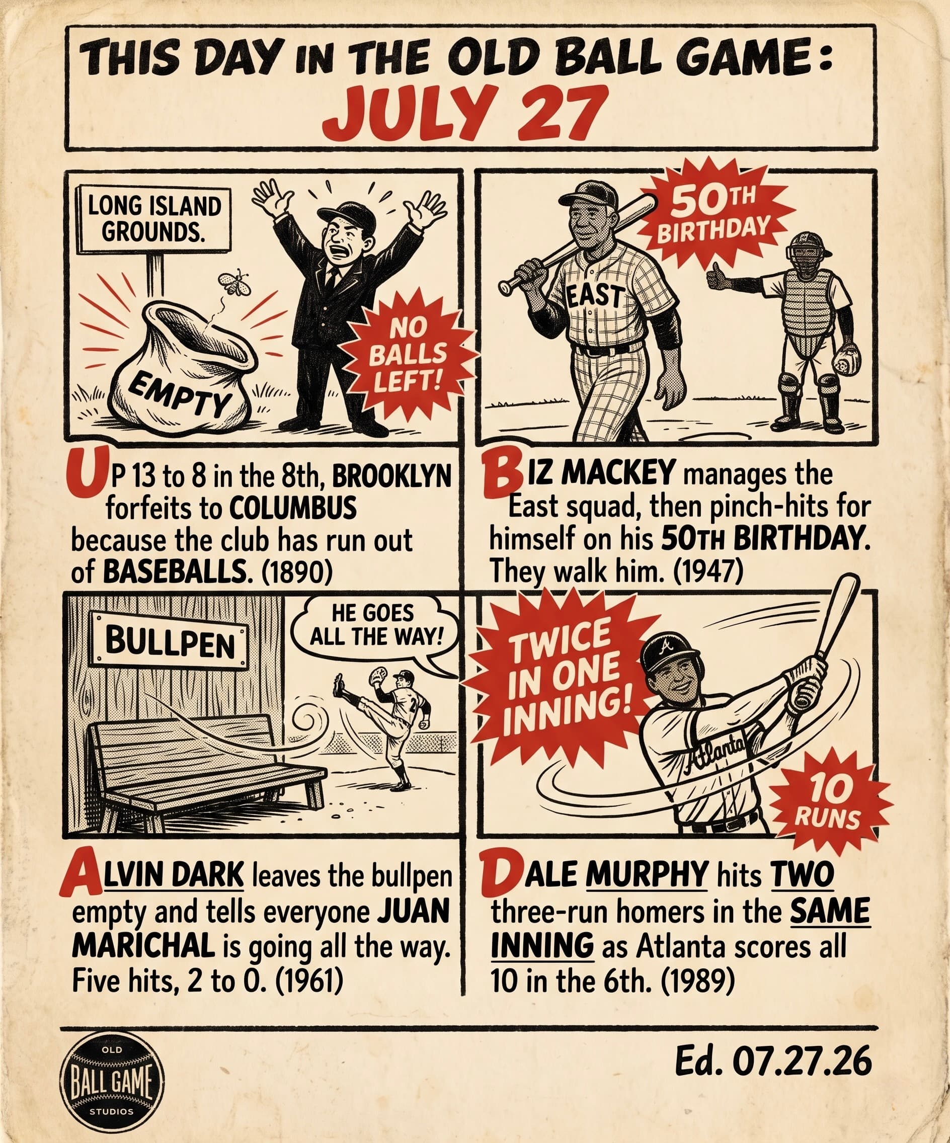 This Day in the Old Ball Game comic strip for July 27: four panels depicting the Brooklyn Gladiators forfeiting a game they led 13-8 because the club had no baseballs left in 1890, Biz Mackey writing himself into the East-West Classic lineup on his 50th birthday in 1947, Alvin Dark leaving the Giants bullpen empty while Juan Marichal shut out Pittsburgh 2-0 in 1961, and Dale Murphy hitting two three-run homers in the same sixth inning for Atlanta in 1989.