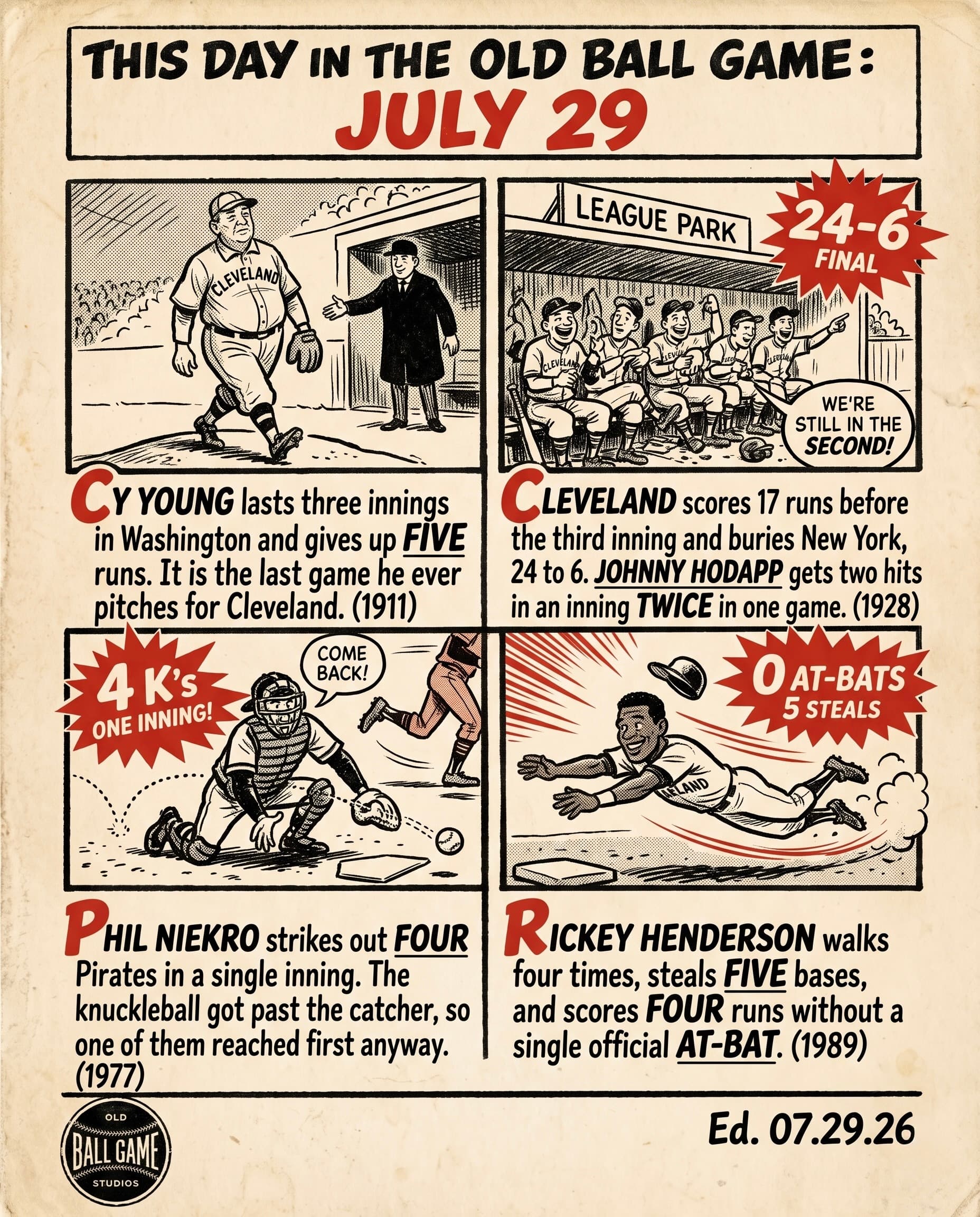 This Day in the Old Ball Game comic strip for July 29: four panels depicting Cy Young's last start for Cleveland in 1911, three innings and five runs in Washington before the club let him go; Cleveland scoring seventeen runs on the defending champion Yankees before the third inning of a 24-6 rout in 1928; Phil Niekro striking out four Pirates in a single inning after a knuckleball got past catcher Biff Pocoroba in 1977; and Rickey Henderson drawing four walks off Randy Johnson, stealing five bases, and scoring four runs without an official at-bat in 1989.