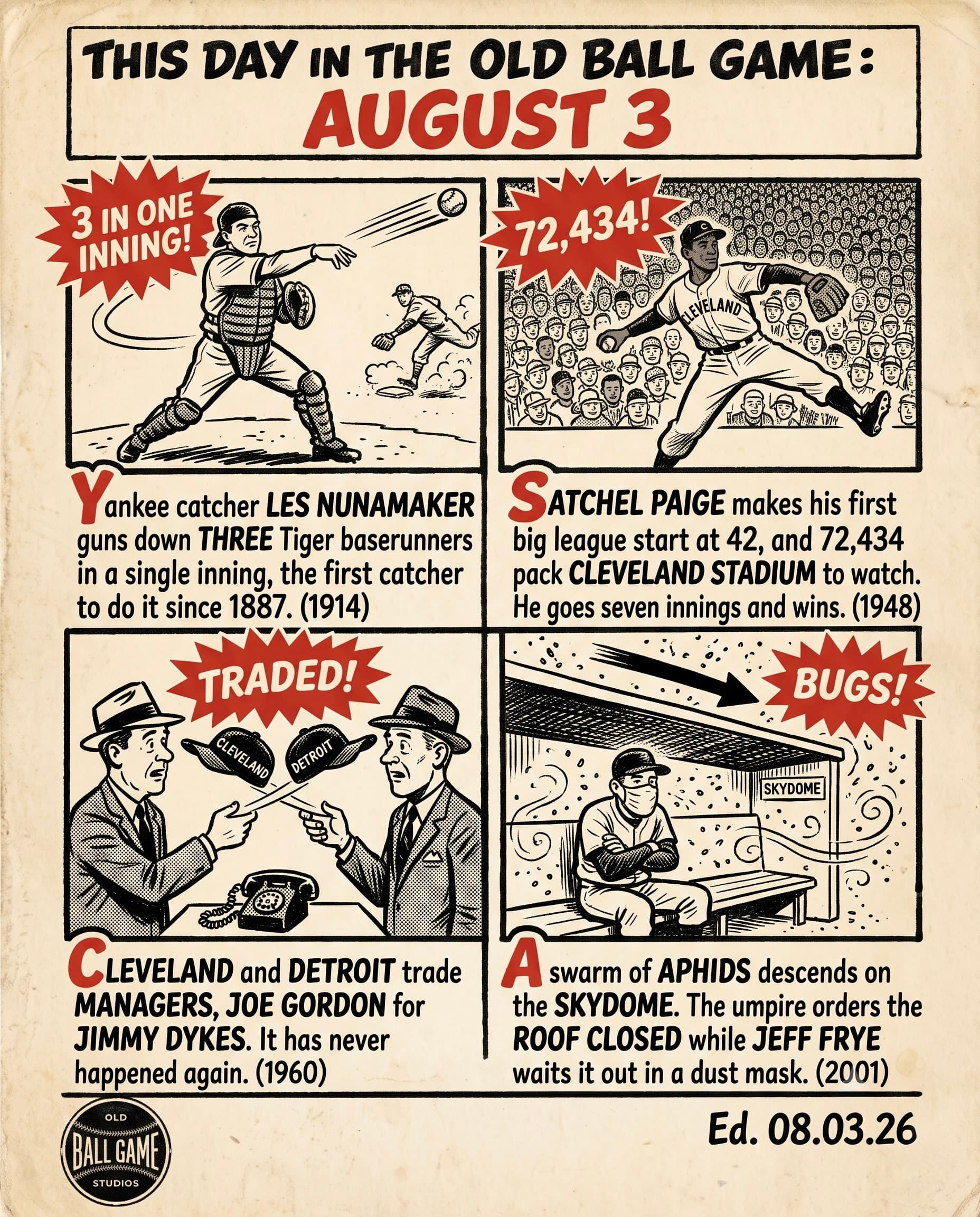 This Day in the Old Ball Game comic strip for August 3: four panels depicting Yankees backup catcher Les Nunamaker throwing out three Detroit baserunners in a single inning in 1914; 42-year-old rookie Satchel Paige beating Washington before a record 72,434 at Cleveland Stadium in 1948; Cleveland and Detroit trading managers Jimmy Dykes and Joe Gordon for each other in 1960, the only manager-for-manager trade in baseball history; and a swarm of aphids forcing Toronto to close the SkyDome roof mid-game in 2001.