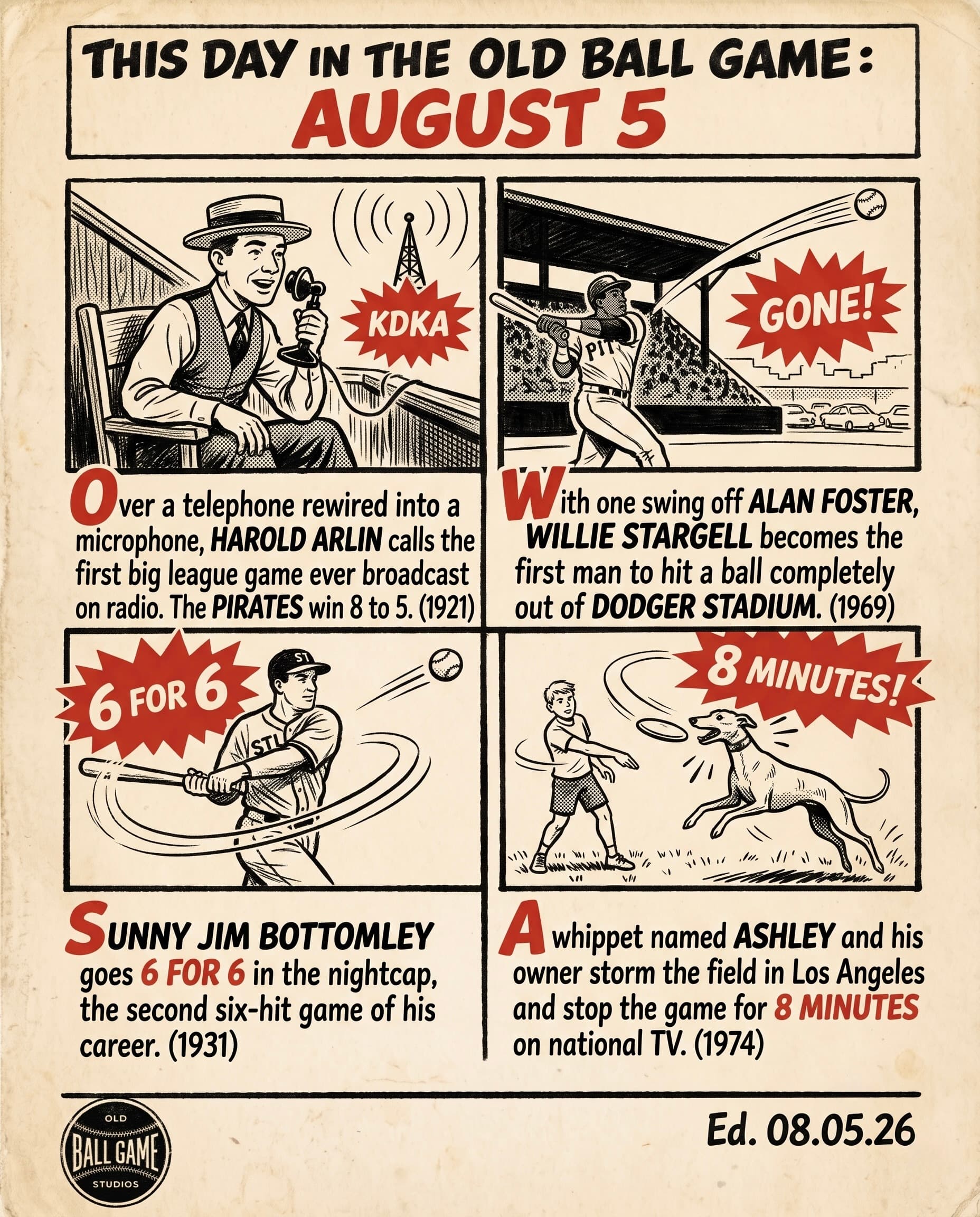This Day in the Old Ball Game comic strip for August 5: four panels depicting Westinghouse engineer Harold Arlin calling the first radio broadcast of a major league game from a Forbes Field box seat for KDKA in 1921; Willie Stargell hitting the first ball ever out of Dodger Stadium, over the right field pavilion, in 1969; Alex Stein's whippet Ashley catching flying discs on the Dodger Stadium field during a nationally televised game in 1974; and Jim Bottomley going 6 for 6 against Pittsburgh for the Cardinals in 1931.