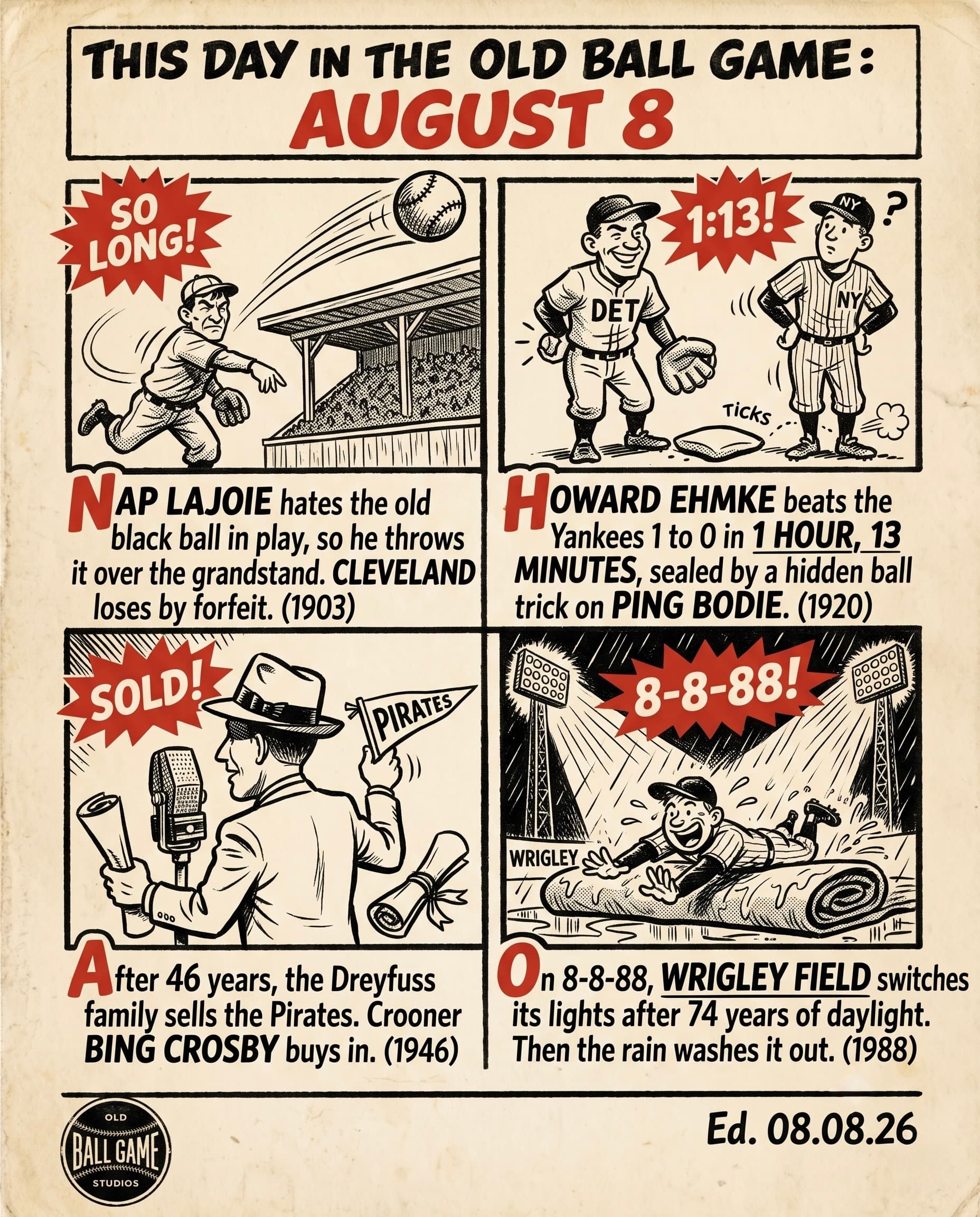 This Day in the Old Ball Game comic strip for August 8: four panels depicting Nap Lajoie throwing a blackened ball out of the park and forfeiting Cleveland's game to Detroit in 1903; Howard Ehmke shutting out the Yankees 1 to 0 in one hour and thirteen minutes at Navin Field in 1920; Bing Crosby joining the group that bought the Pirates from the Dreyfuss family in 1946; and Harry Grossman switching on the lights at Wrigley Field before a rained-out night game in 1988.