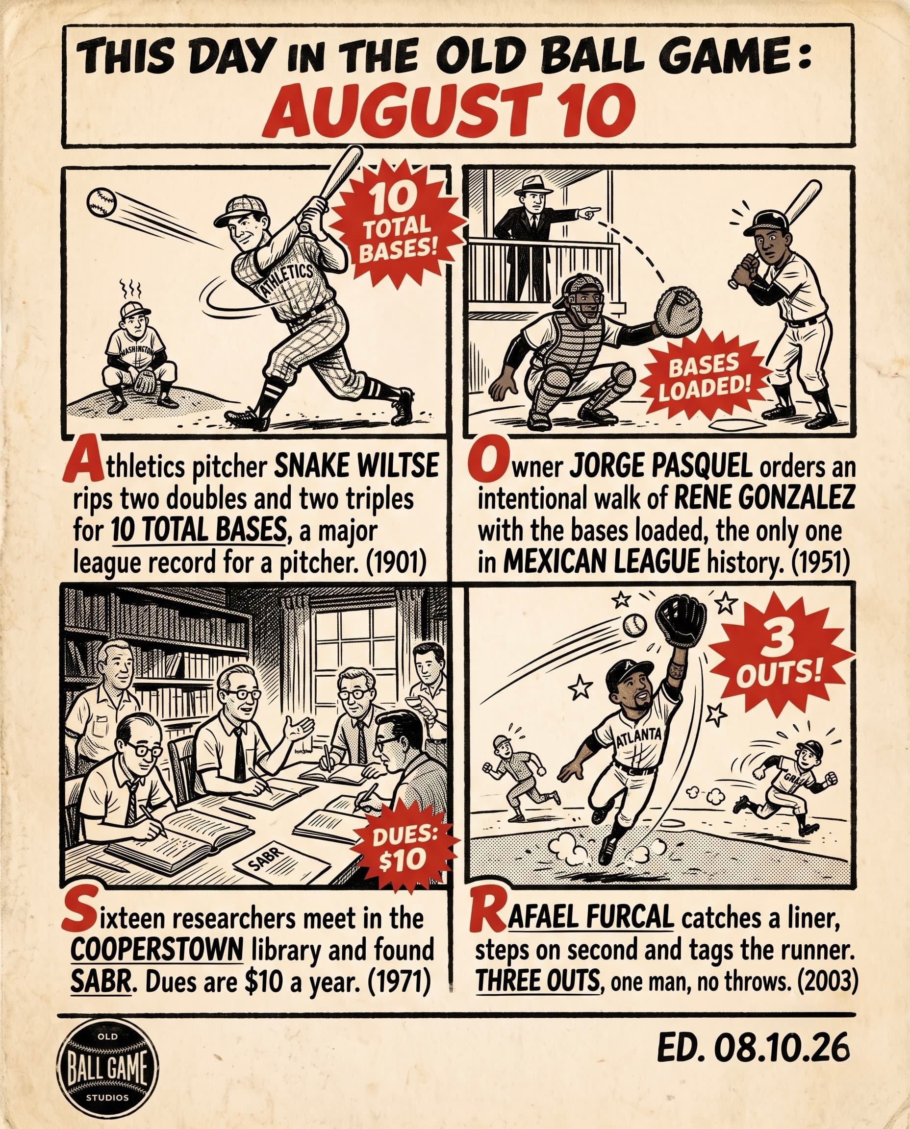 This Day in the Old Ball Game comic strip for August 10: four panels depicting Snake Wiltse collecting ten total bases as a pitcher in Philadelphia's 13-0 rout of Washington in 1901; Jorge Pasquel ordering a bases-loaded intentional walk from his private box in the Mexican League in 1951; sixteen researchers founding SABR at the National Baseball Library in Cooperstown in 1971; and Rafael Furcal turning an unassisted triple play for the Braves against the Cardinals in 2003.