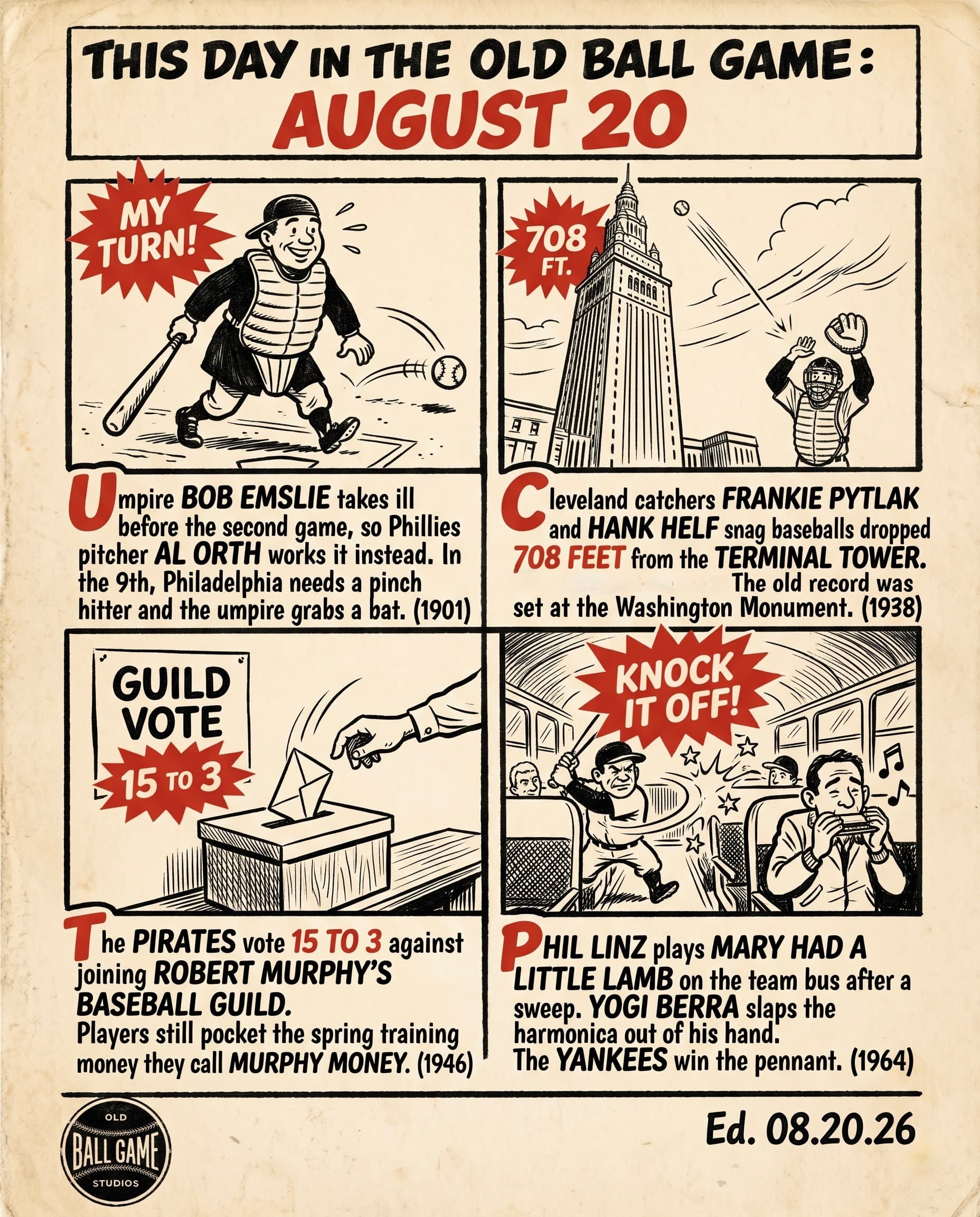 This Day in the Old Ball Game comic strip for August 20: four panels depicting Phillies pitcher Al Orth stepping away from umpiring to single in the ninth against Brooklyn in 1901; Hank Helf catching a baseball dropped from Cleveland's 708-foot Terminal Tower in 1938; the Pirates voting 15 to 3 against Robert Murphy's players union in 1946; and Yogi Berra slapping Phil Linz's harmonica away on the Yankee team bus in 1964.