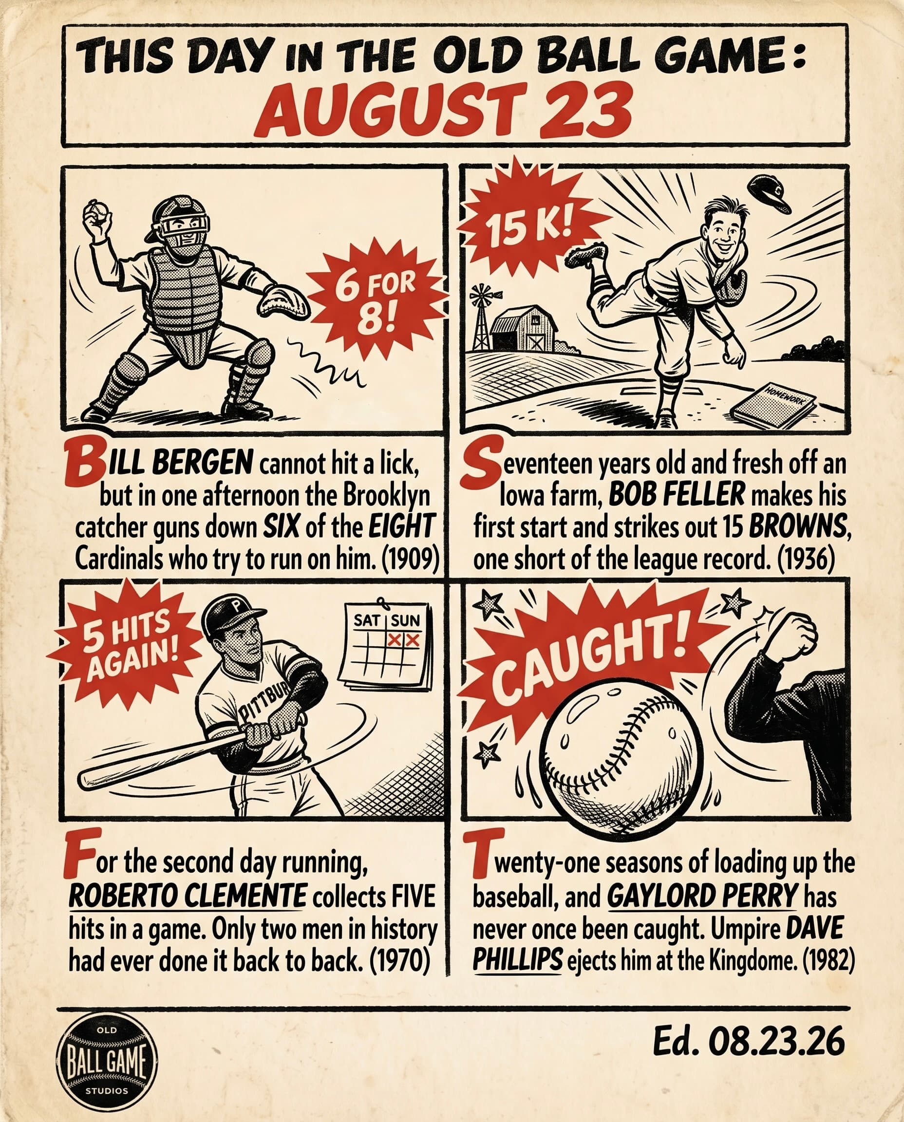 This Day in the Old Ball Game comic strip for August 23: four panels depicting Brooklyn catcher Bill Bergen throwing out six St. Louis base stealers in a single game in 1909; seventeen-year-old Bob Feller striking out 15 Browns in his first big league start for Cleveland in 1936; Roberto Clemente completing back-to-back five-hit games at Dodger Stadium for Pittsburgh in 1970; and umpire Dave Phillips ejecting 43-year-old Gaylord Perry for doctoring the ball at the Kingdome in 1982.
