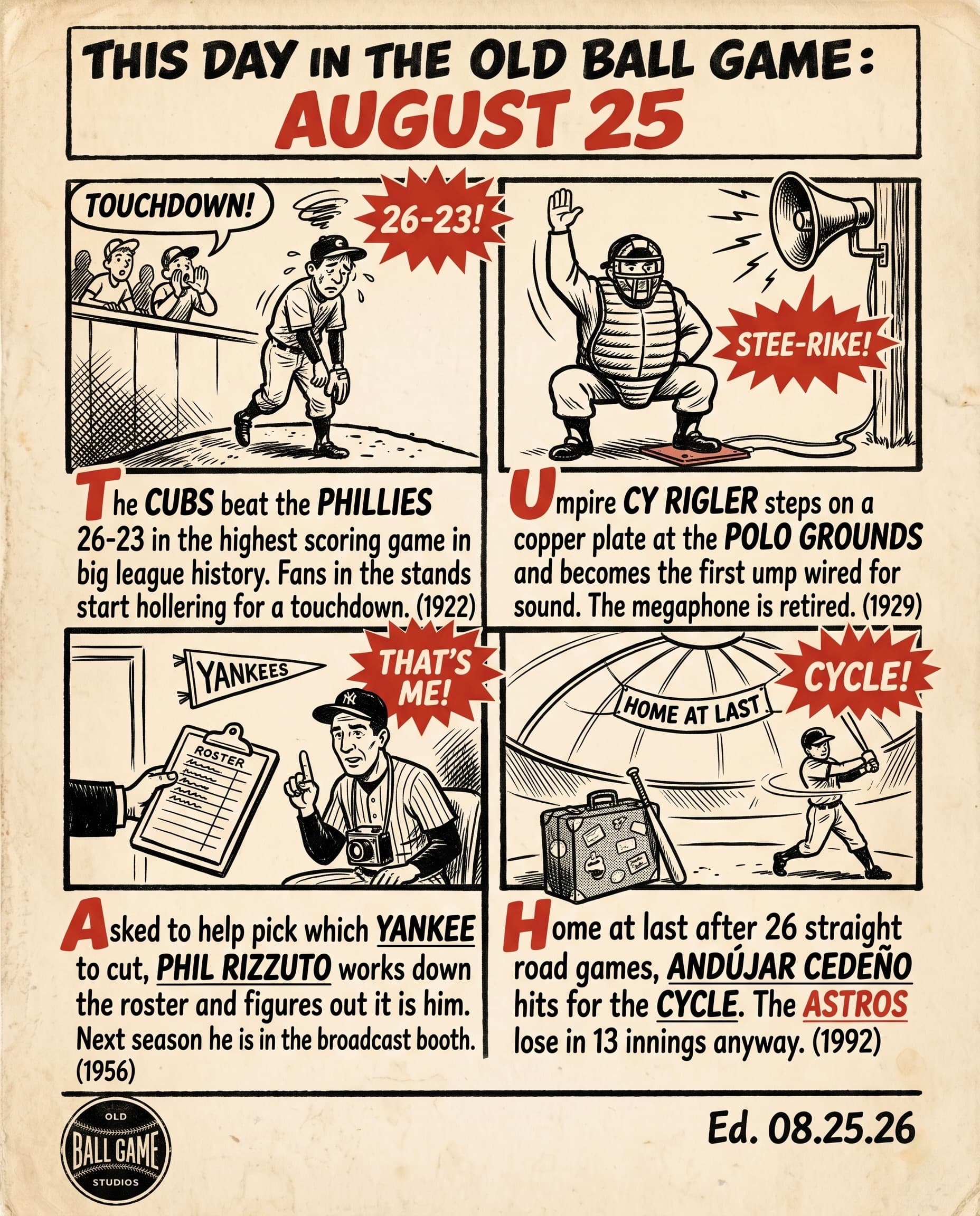 This Day in the Old Ball Game comic strip for August 25: four panels depicting the Cubs and Phillies combining for 49 runs in a 26-23 game at Cubs Park in 1922; umpire Cy Rigler announcing lineups through the Polo Grounds' new public address system in 1929; Phil Rizzuto being asked to pick his own name off the Yankees roster on Old-Timers' Day in 1956; and Andujar Cedeno hitting for the cycle as Houston returned home after 26 straight road games in 1992.