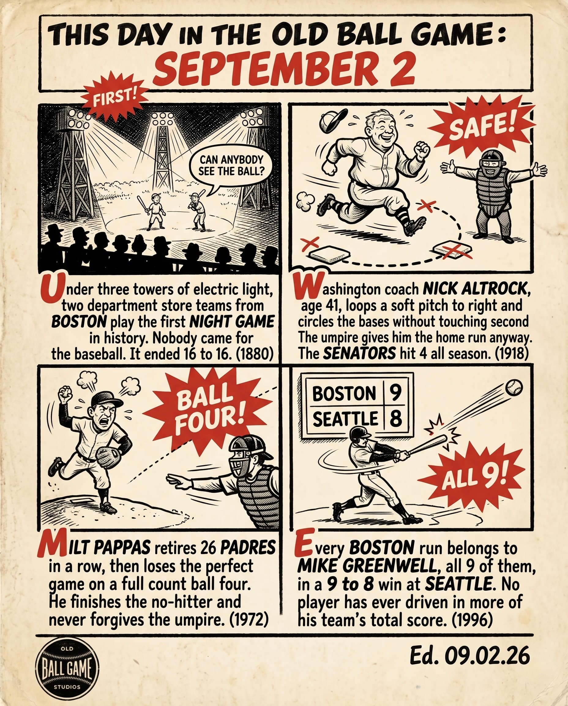 This Day in the Old Ball Game comic strip for September 2: four panels depicting two teams of Boston department store clerks playing the first baseball game under artificial light on a hotel lawn near Nantasket Beach in 1880; 41-year-old Senators coach Nick Altrock jogging out a home run past a Philadelphia first baseman turned pitcher in the closing doubleheader of the war-shortened 1918 season; Milt Pappas losing a perfect game at Wrigley Field on a full-count pinch-hit walk to Larry Stahl and finishing the no-hitter anyway in 1972; and Mike Greenwell driving in all nine Boston runs against Seattle at the Kingdome in 1996.