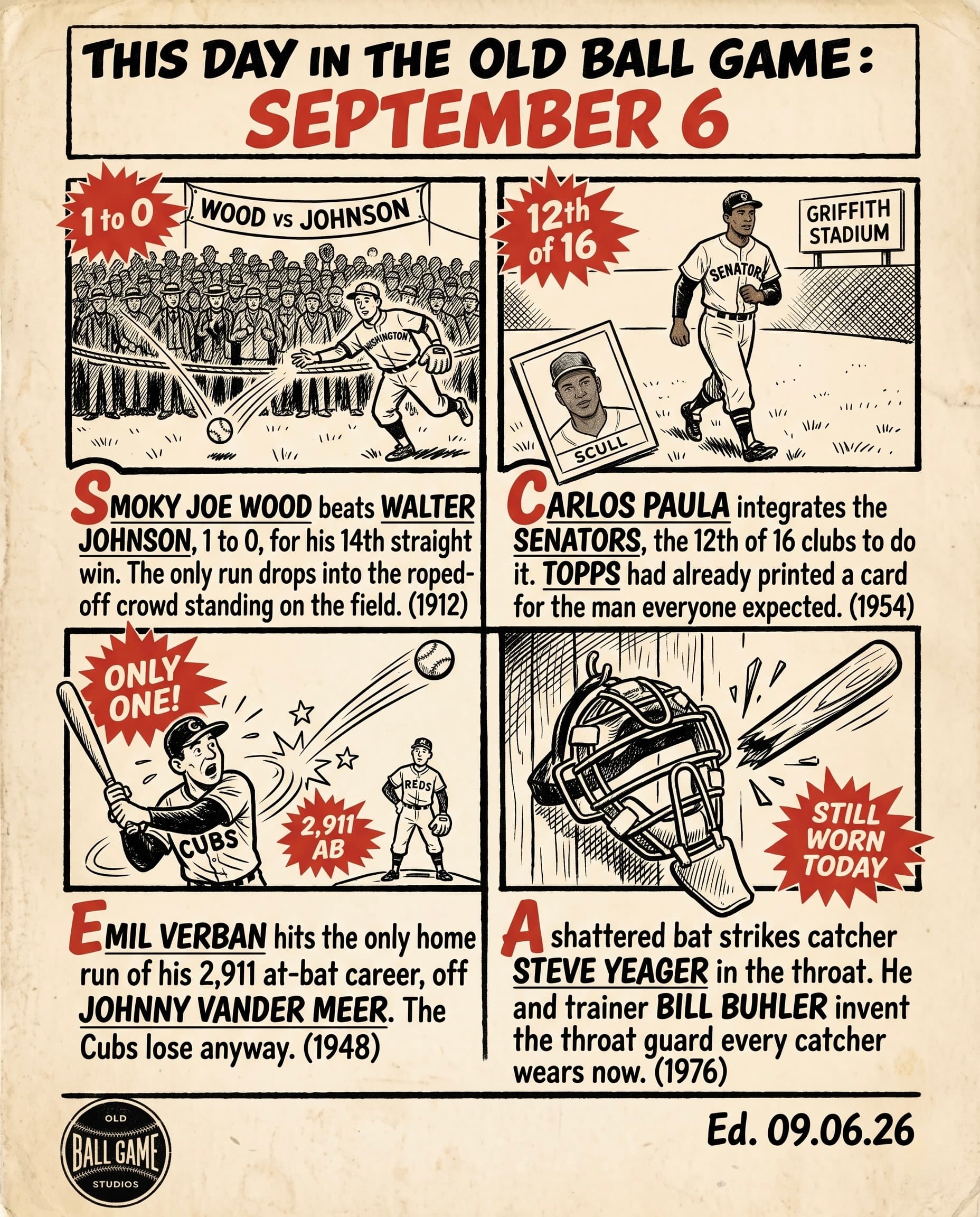 This Day in the Old Ball Game comic strip for September 6: four panels depicting Smoky Joe Wood beating Walter Johnson 1 to 0 at Fenway Park with the overflow crowd roped off on the outfield grass in 1912; Carlos Paula trotting out to left field at Griffith Stadium to integrate the Washington Senators in 1954; Emil Verban hitting the only home run of his 2,911 plate appearances off Johnny Vander Meer at Cincinnati in 1948; and Steve Yeager taking a shard of Bill Russell's shattered bat in the throat in San Diego in 1976, the injury that produced the catcher's mask throat flap.
