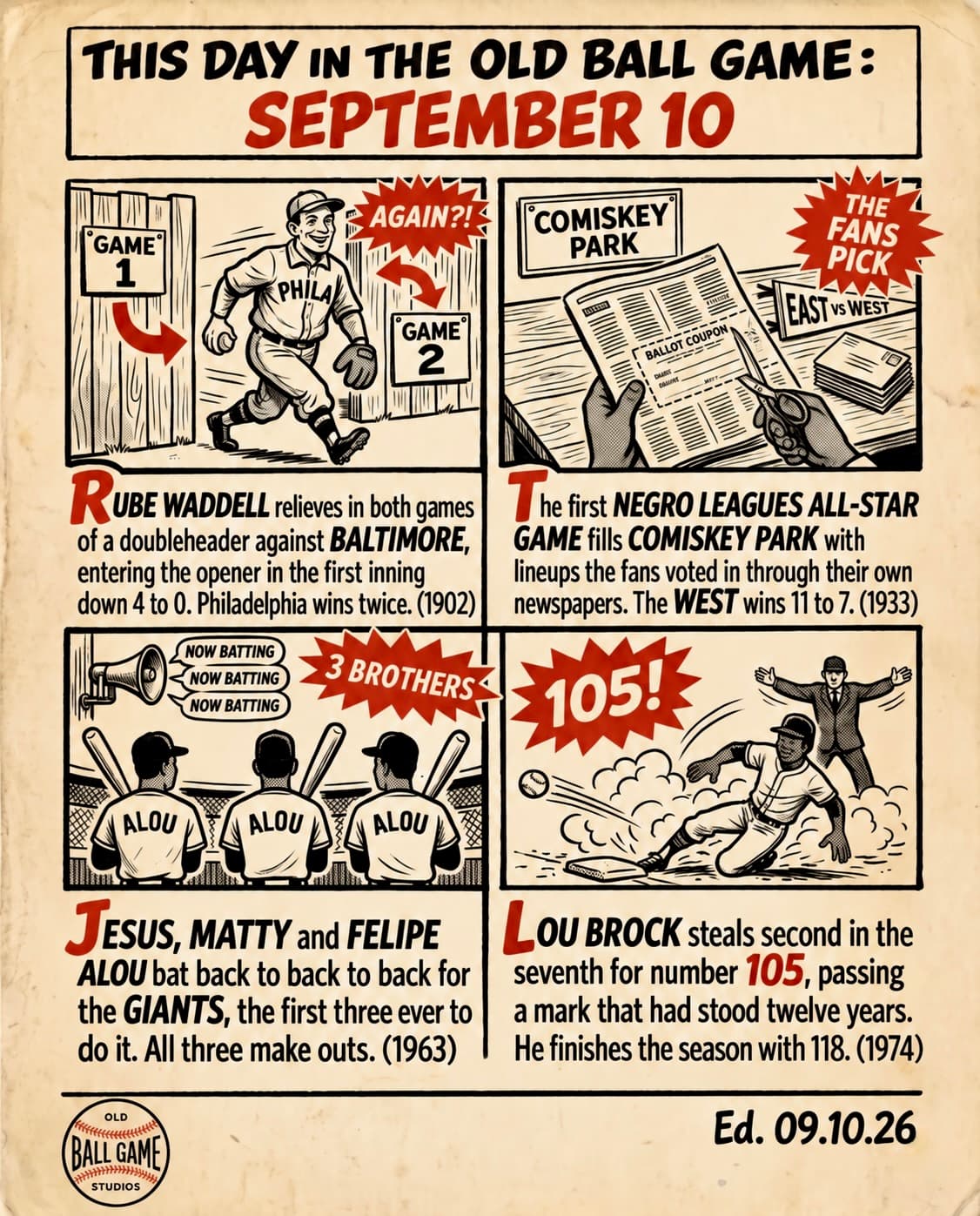 This Day in the Old Ball Game comic strip for September 10: four panels depicting Rube Waddell pitching in relief in both ends of an Athletics doubleheader win over Baltimore in 1902; the first East-West Classic at Comiskey Park, with Negro Leagues All-Stars chosen by fan ballots, in 1933; Jesús, Matty, and Felipe Alou batting back to back to back for the Giants at the Polo Grounds in 1963; and Lou Brock stealing past Maury Wills' single-season record at Busch Stadium in 1974.