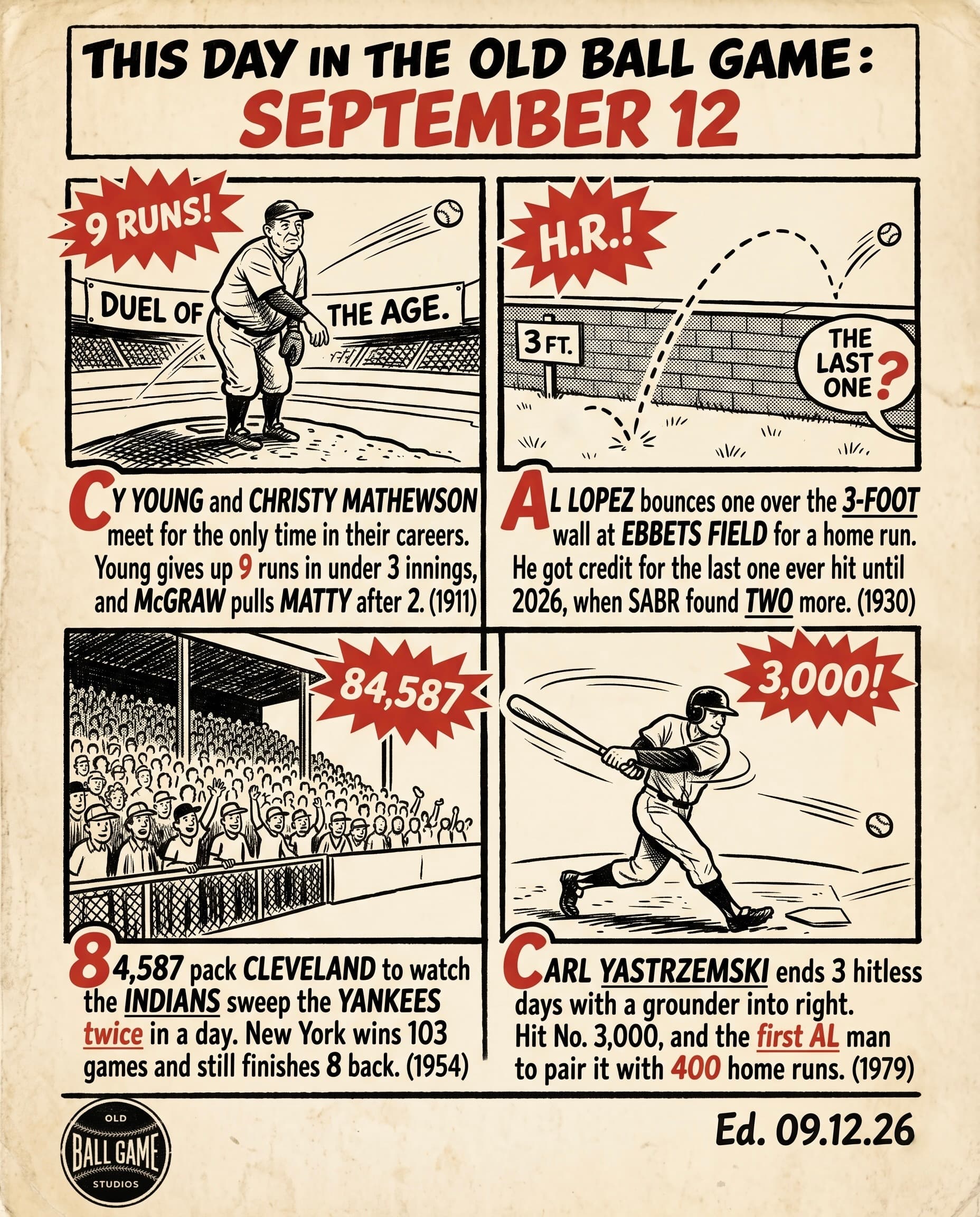 This Day in the Old Ball Game comic strip for September 12: four panels depicting the only meeting of Cy Young and Christy Mathewson in Boston in 1911; Al Lopez's bounce home run over the low left-field wall at Ebbets Field in 1930; 84,587 fans at Cleveland's Municipal Stadium watching Bob Lemon and Early Wynn beat the Yankees in 1954; and 40-year-old Carl Yastrzemski's 3,000th hit in 1979.