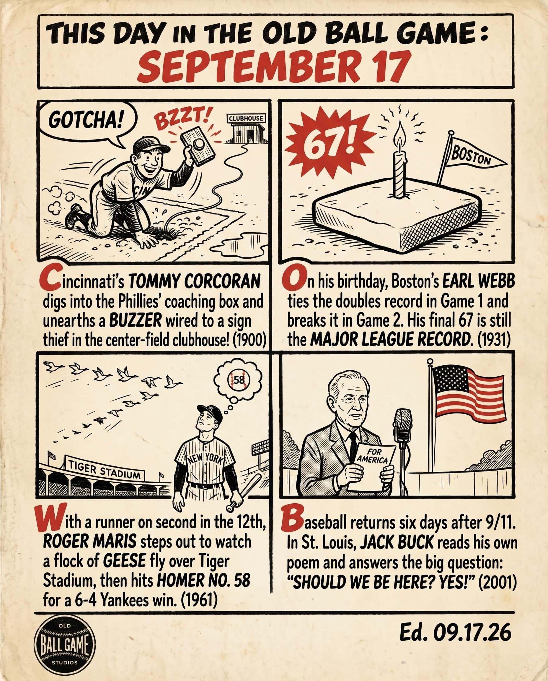 This Day in the Old Ball Game comic strip for September 17: four panels depicting Tommy Corcoran digging up the buzzer box that Philadelphia used to steal signs in 1900; Earl Webb doubling twice in a birthday doubleheader to break the season doubles record in 1931; Roger Maris pausing to watch a flock of Canada geese before hitting his 58th home run in 1961; and Jack Buck reading his poem 'For America' in St. Louis as baseball returned after September 11 in 2001.
