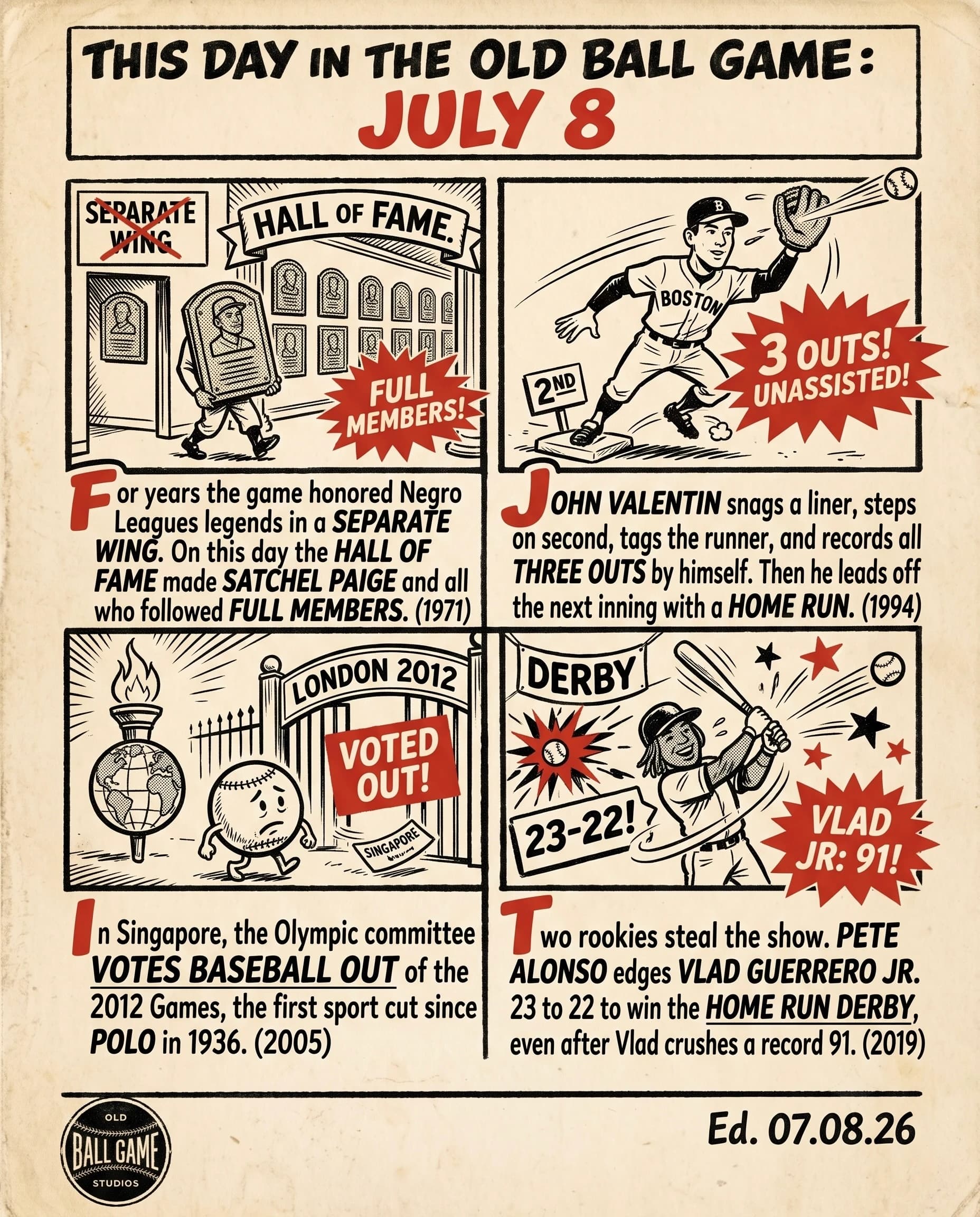 This Day in the Old Ball Game comic strip for July 8: four panels depicting Satchel Paige's full Hall of Fame induction announcement in 1971, John Valentin's unassisted triple play in 1994, baseball's Olympic removal in 2005, and the Alonso–Guerrero Home Run Derby duel in 2019.