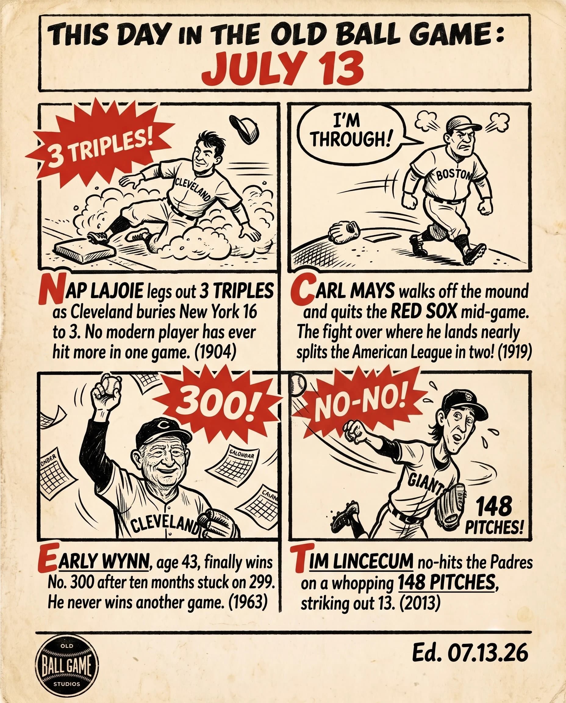 This Day in the Old Ball Game comic strip for July 13: four panels depicting Nap Lajoie legging out three triples in Cleveland's rout of the New York Highlanders in 1904, Red Sox ace Carl Mays walking off the mound and out of Boston in 1919, 43-year-old Early Wynn finally notching his 300th career win for Cleveland in 1963, and Tim Lincecum throwing his first no-hitter and striking out 13 Padres at Petco Park in 2013.