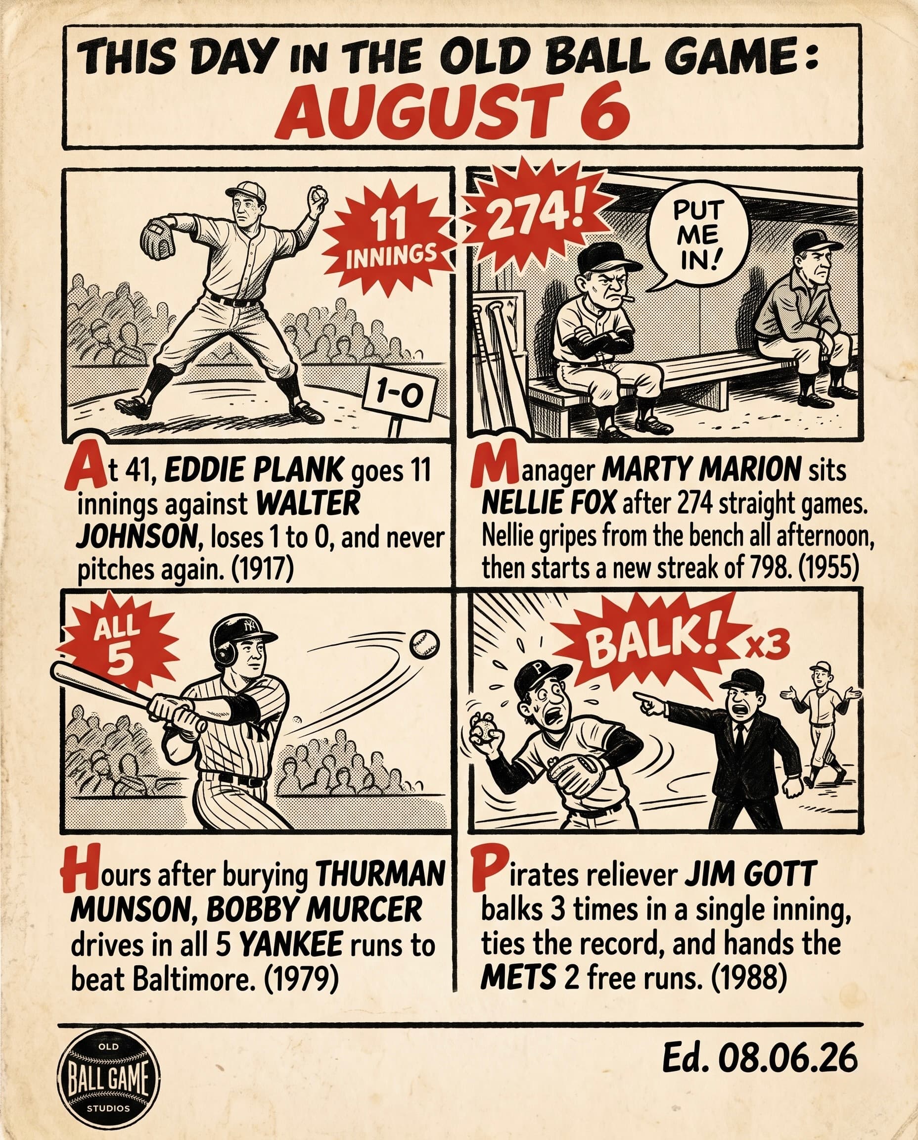 This Day in the Old Ball Game comic strip for August 6: four panels depicting Eddie Plank losing an 11-inning 1 to 0 duel to Walter Johnson in Washington in the last game he ever pitched in 1917; White Sox manager Marty Marion benching Nellie Fox after 274 straight games at second base in 1955; Bobby Murcer driving in all five New York runs against the Orioles on the day of Thurman Munson's funeral in 1979; and Pirates reliever Jim Gott being called for three balks in a single inning in 1988.