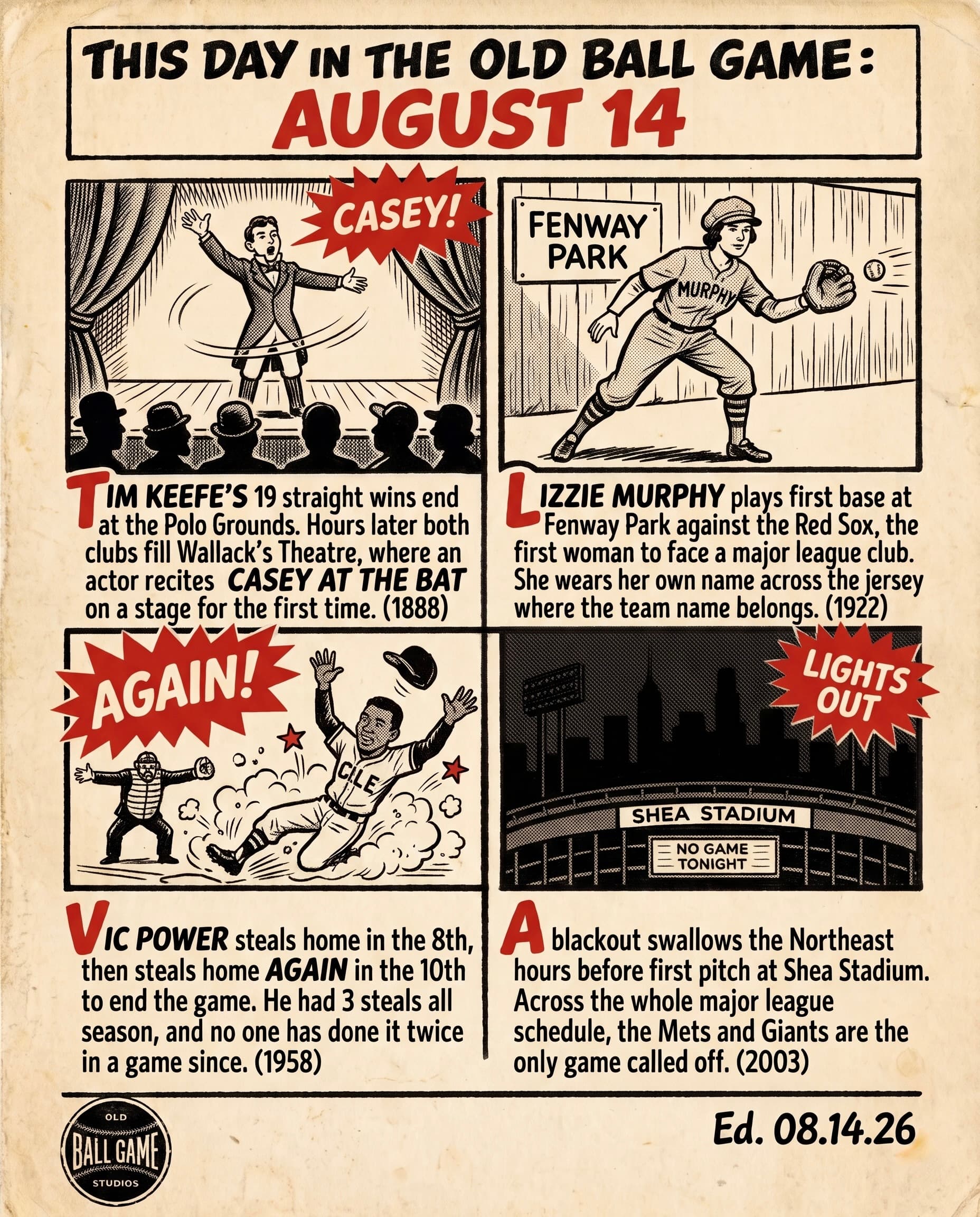 This Day in the Old Ball Game comic strip for August 14: four panels depicting Tim Keefe's nineteen-game winning streak ending against Chicago at the Polo Grounds in 1888 on the night DeWolf Hopper first recited 'Casey at the Bat' at Wallack's Theatre; Lizzie Murphy playing first base at Fenway Park for an American League all-star squad against the Red Sox in 1922; Vic Power stealing home twice in one game against Detroit in 1958; and the 2003 Northeast blackout darkening Shea Stadium and forcing the only major league postponement of the night.