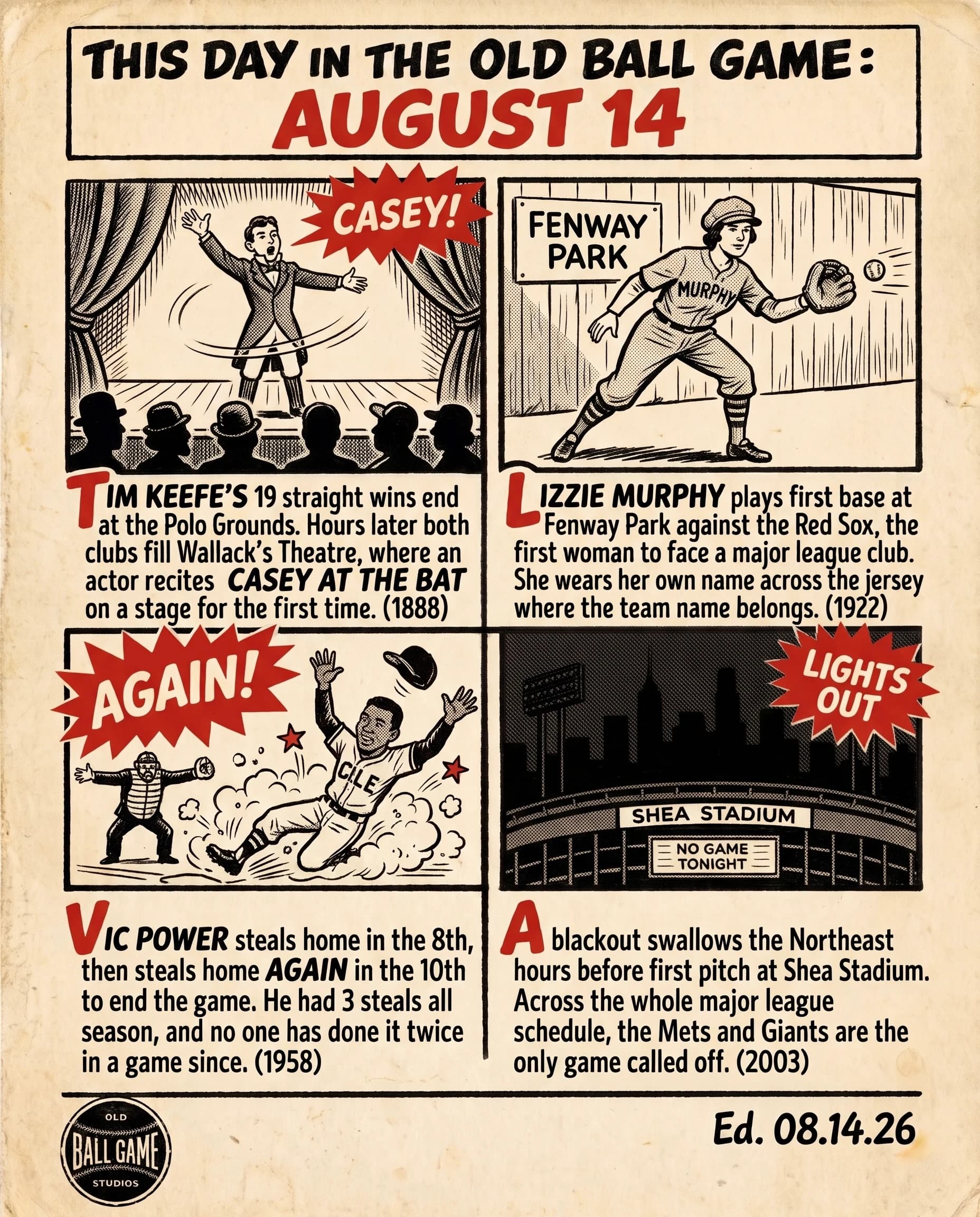 This Day in the Old Ball Game comic strip for August 14: four panels depicting Tim Keefe's nineteen-game winning streak ending against Chicago at the Polo Grounds in 1888 on the night DeWolf Hopper first recited 'Casey at the Bat' at Wallack's Theatre; Lizzie Murphy playing first base at Fenway Park for an American League all-star squad against the Red Sox in 1922; Vic Power stealing home twice in one game against Detroit in 1958; and the 2003 Northeast blackout darkening Shea Stadium and forcing the only major league postponement of the night.
