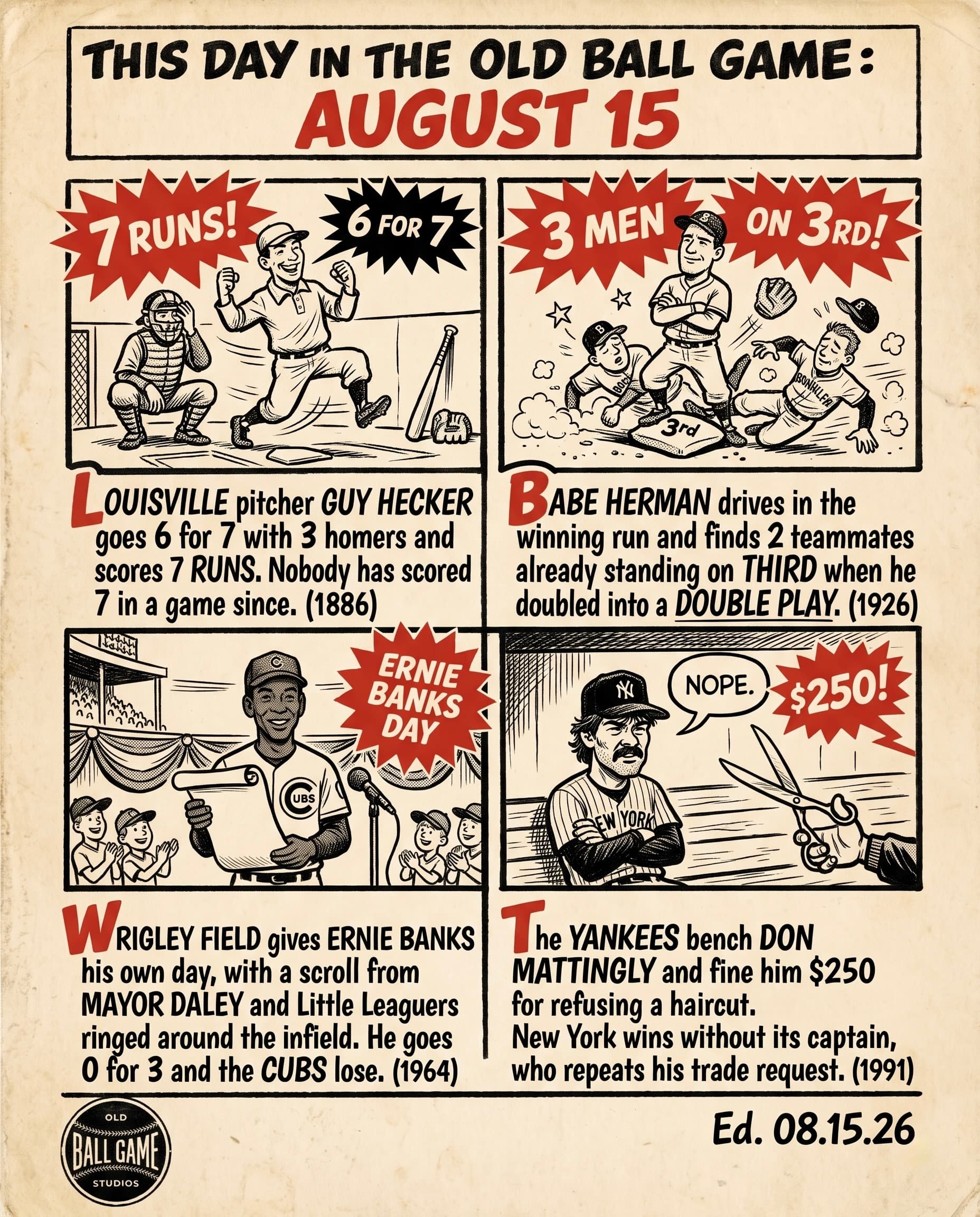 This Day in the Old Ball Game comic strip for August 15: four panels depicting Guy Hecker going 6 for 7 with three home runs and seven runs scored for Louisville against Baltimore in 1886; Babe Herman, Dazzy Vance and Chick Fewster all arriving at third base at Ebbets Field in 1926; Ernie Banks honored on his own day at Wrigley Field in 1964 before going 0 for 3 in a Cubs loss to Pittsburgh; and Don Mattingly benched by Stump Merrill over a haircut in 1991.
