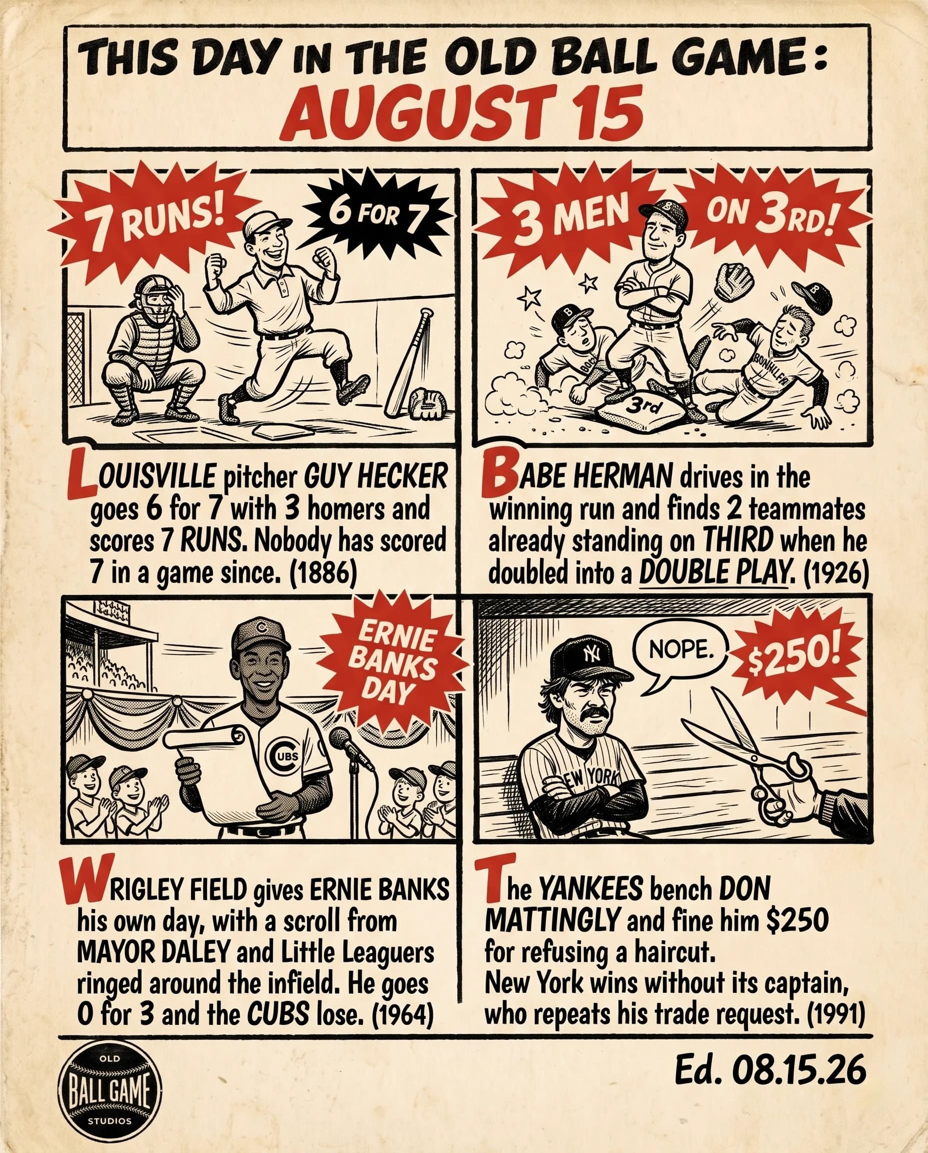 This Day in the Old Ball Game comic strip for August 15: four panels depicting Guy Hecker going 6 for 7 with three home runs and seven runs scored for Louisville against Baltimore in 1886; Babe Herman, Dazzy Vance and Chick Fewster all arriving at third base at Ebbets Field in 1926; Ernie Banks honored on his own day at Wrigley Field in 1964 before going 0 for 3 in a Cubs loss to Pittsburgh; and Don Mattingly benched by Stump Merrill over a haircut in 1991.