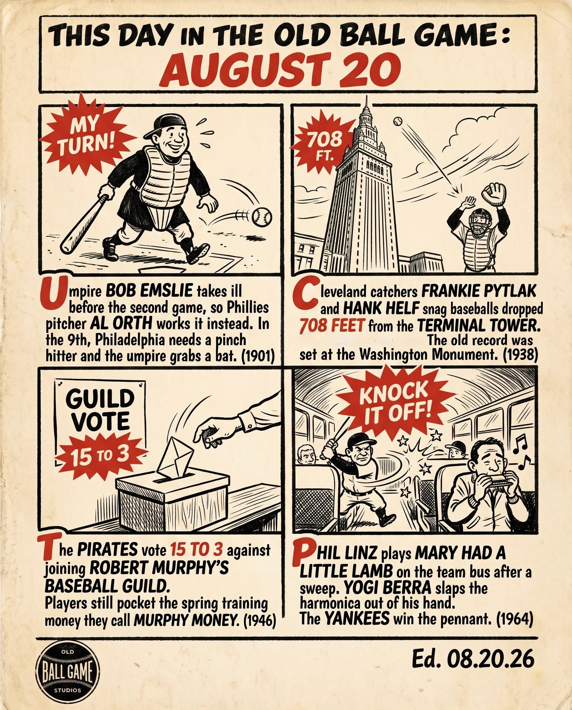This Day in the Old Ball Game comic strip for August 20: four panels depicting Phillies pitcher Al Orth stepping away from umpiring to single in the ninth against Brooklyn in 1901; Hank Helf catching a baseball dropped from Cleveland's 708-foot Terminal Tower in 1938; the Pirates voting 15 to 3 against Robert Murphy's players union in 1946; and Yogi Berra slapping Phil Linz's harmonica away on the Yankee team bus in 1964.