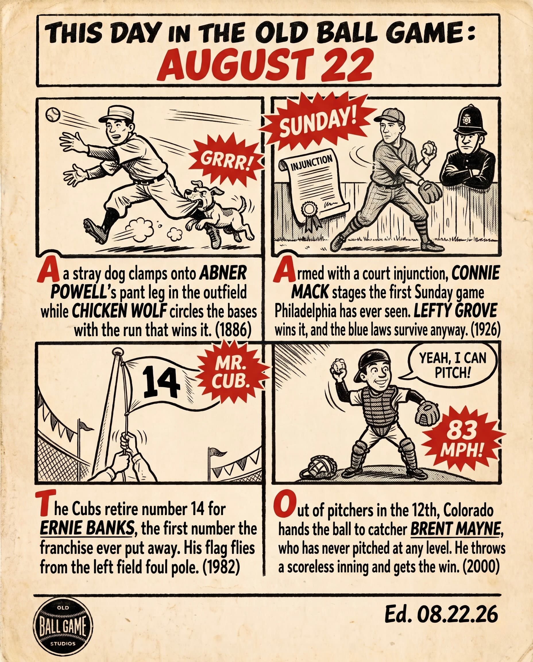 This Day in the Old Ball Game comic strip for August 22: four panels depicting a stray dog grabbing outfielder Abner Powell's trouser leg while Chicken Wolf circles the bases with the winning run in 1886; Connie Mack winning a court injunction for Philadelphia's first Sunday game in 1926; the Cubs raising Ernie Banks's number 14 on the left field foul pole in 1982; and catcher Brent Mayne pitching a scoreless twelfth inning for Colorado against Atlanta in 2000.