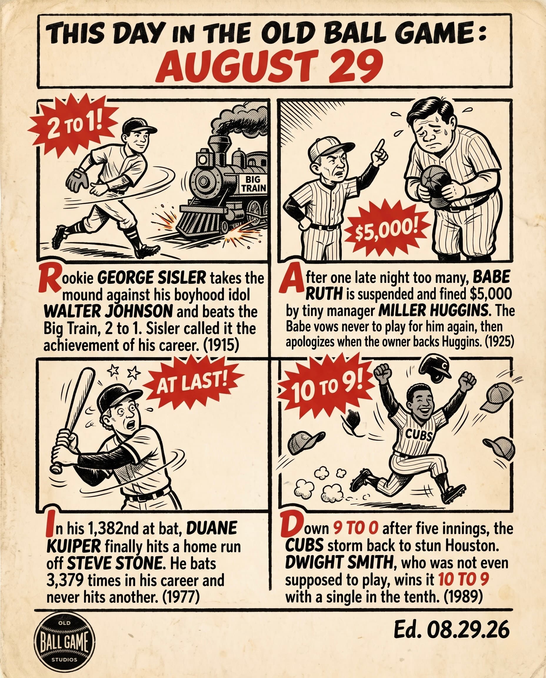 This Day in the Old Ball Game comic strip for August 29: four panels depicting rookie George Sisler of the St. Louis Browns outpitching his boyhood idol Walter Johnson 2 to 1 in 1915; Yankees manager Miller Huggins suspending Babe Ruth indefinitely and fining him $5,000 for showing up late to batting practice in 1925; Duane Kuiper of Cleveland hitting the only home run of his 3,379 career plate appearances off Steve Stone in 1977; and the Chicago Cubs erasing a nine-run deficit against Houston at Wrigley Field to win 10 to 9 in the tenth on a Dwight Smith single in 1989.