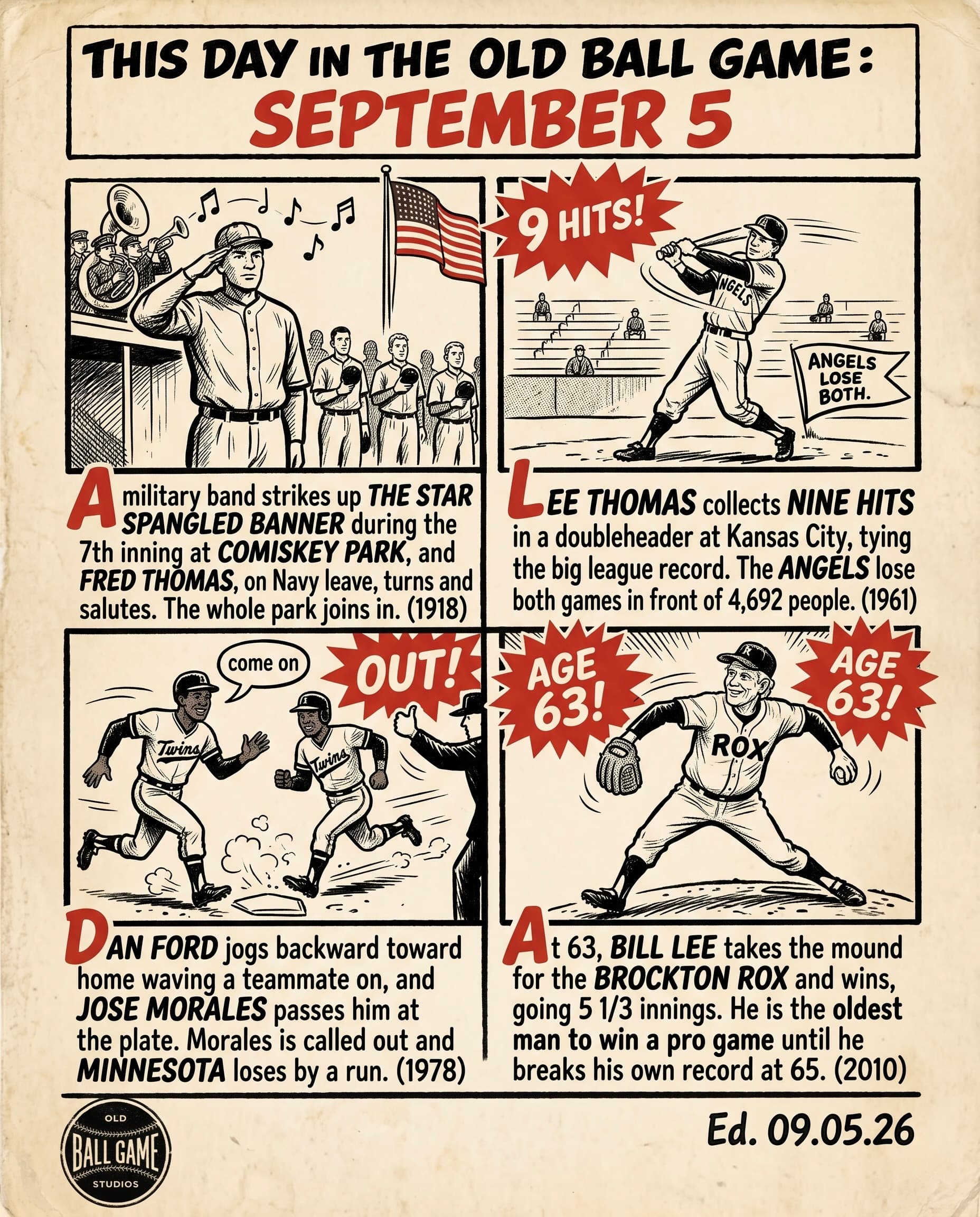 This Day in the Old Ball Game comic strip for September 5: four panels depicting Red Sox third baseman Fred Thomas saluting the flag as a Navy band plays The Star Spangled Banner during Game 1 of the 1918 World Series at Comiskey Park; Angels outfielder Lee Thomas collecting nine hits and three home runs in a doubleheader at Kansas City in 1961; Twins baserunner Dan Ford jogging backward past Jose Morales and costing Minnesota a run in 1978; and 63-year-old Bill Lee winning a Can-Am League game for the Brockton Rox in 2010.