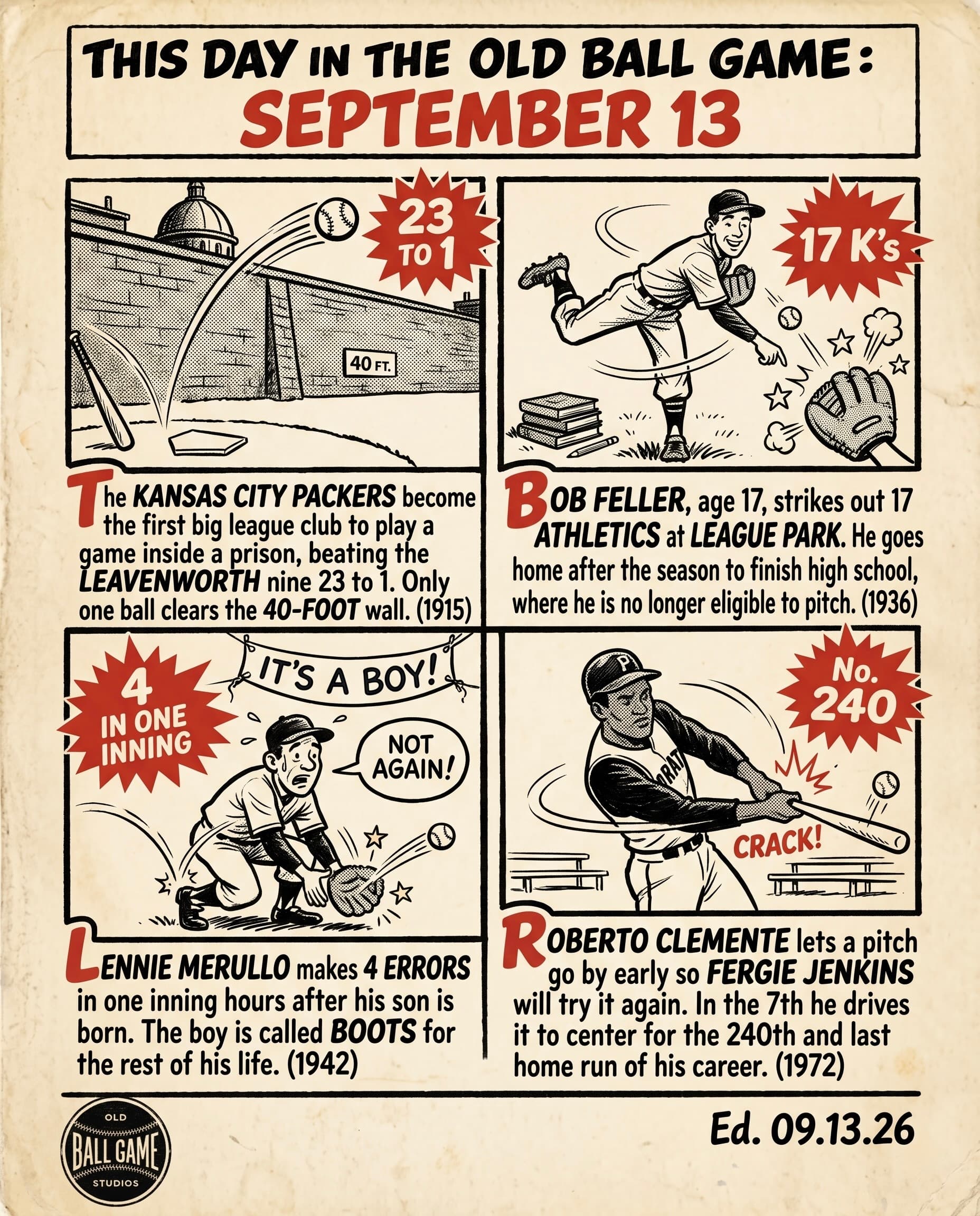 This Day in the Old Ball Game comic strip for September 13: four panels depicting the Kansas City Packers routing the inmate team inside a prison in 1915; 17-year-old Bob Feller striking out 17 Athletics at League Park in 1936; Lennie Merullo making four errors in one inning on the day his son was born in 1942; and Roberto Clemente's final home run, off Fergie Jenkins at Wrigley Field, in 1972.