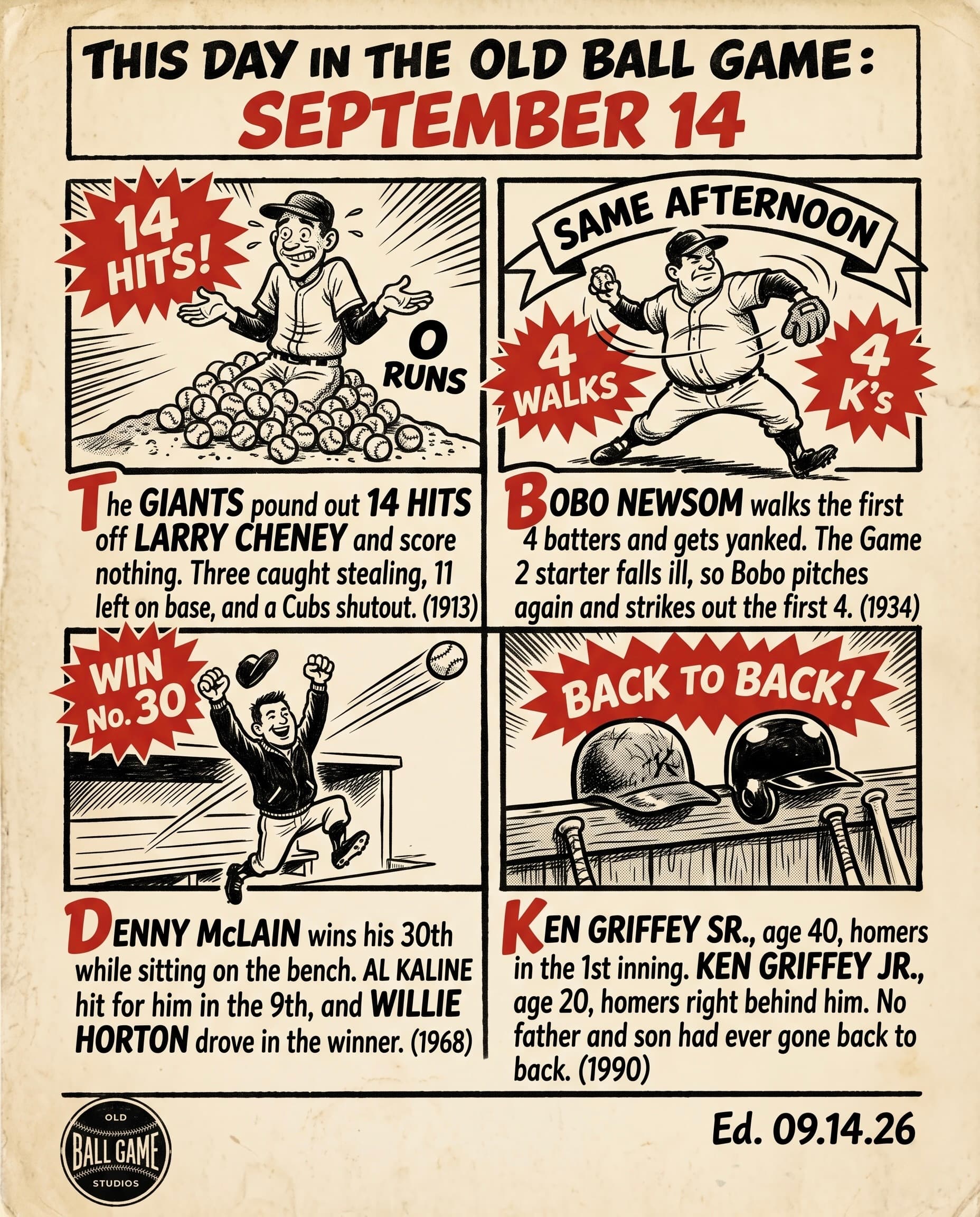 This Day in the Old Ball Game comic strip for September 14: four panels depicting Larry Cheney's 14-hit shutout of the Giants at Chicago's West Side Grounds in 1913; Bobo Newsom pitching both games of a Browns doubleheader against the Athletics in 1934; Denny McLain earning his 30th win from the bench as the Tigers rallied past Oakland in 1968; and Ken Griffey Sr. and Ken Griffey Jr. hitting back-to-back home runs for Seattle at Anaheim in 1990.