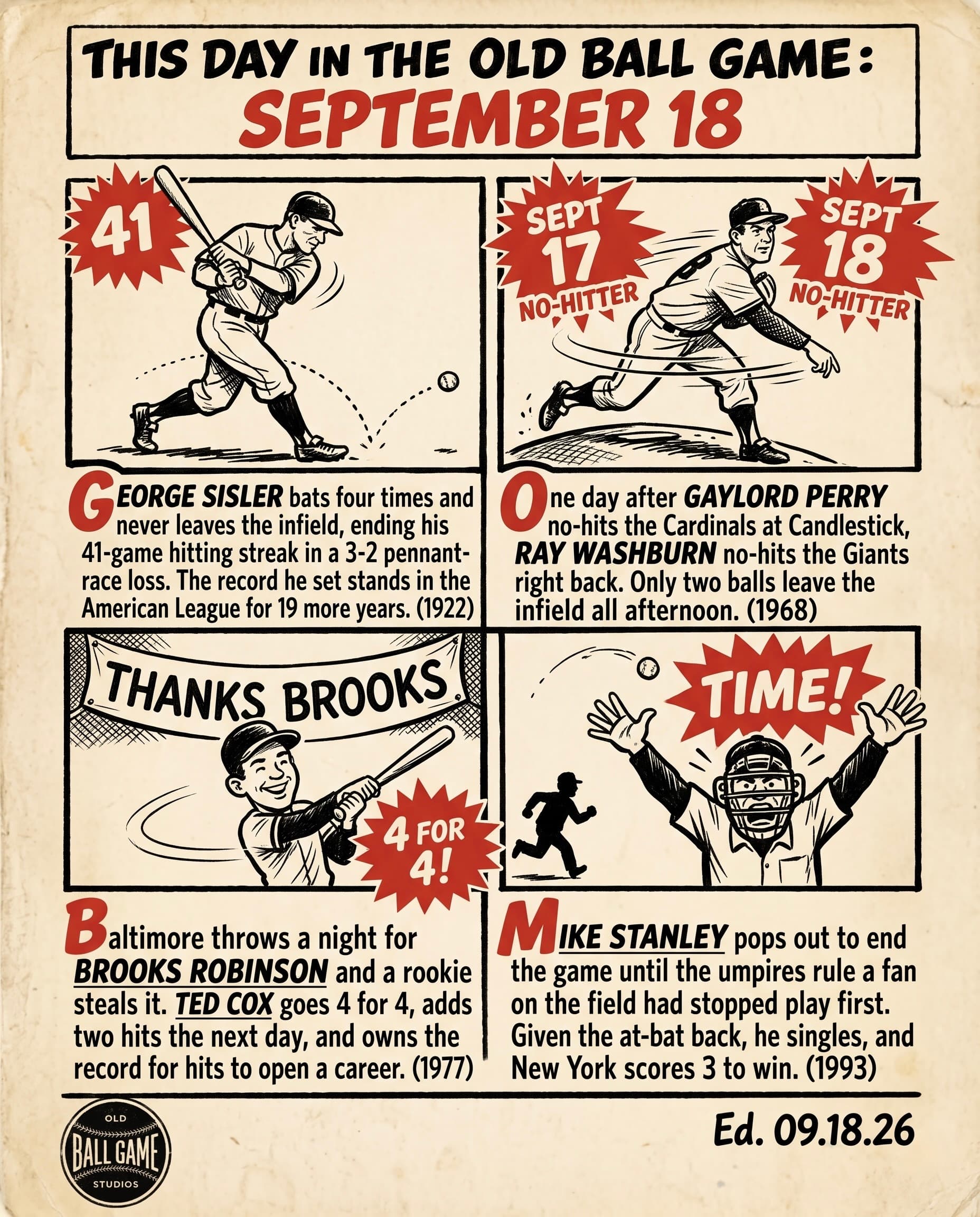 This Day in the Old Ball Game comic strip for September 18: four panels depicting George Sisler's 41-game hitting streak ending against the Yankees in a 3-2 Browns loss in 1922; Ray Washburn no-hitting the Giants a day after Gaylord Perry no-hit the Cardinals in 1968; rookie Ted Cox going 4 for 4 on Brooks Robinson's night in Baltimore in 1977; and a fan running onto the field at Yankee Stadium to wipe out what would have been the final out against Mike Stanley in 1993.