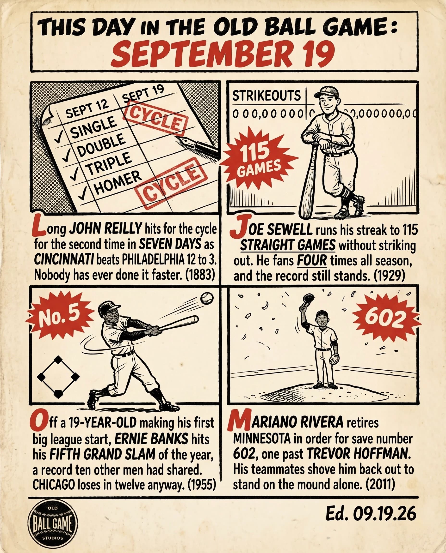 This Day in the Old Ball Game comic strip for September 19: four panels depicting Long John Reilly hitting for the cycle for the second time in seven days in 1883; Joe Sewell playing his 115th straight game without a strikeout in 1929; Ernie Banks hitting a record fifth grand slam of the season off rookie Lindy McDaniel in 1955; and Mariano Rivera standing alone on the mound after his record 602nd save in 2011.