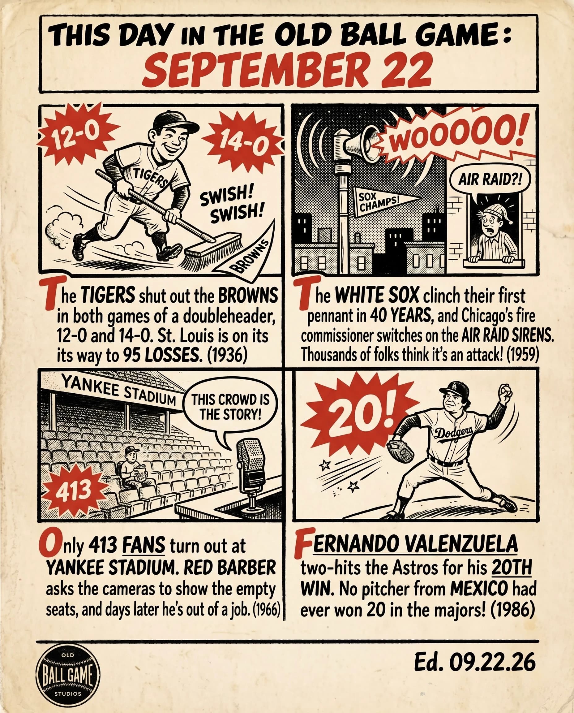 This Day in the Old Ball Game comic strip for September 22: four panels depicting the Tigers shutting out the St. Louis Browns in both ends of a doubleheader in 1936; Chicago's air raid sirens sounding after the White Sox clinched the pennant in 1959; a crowd of just 413 at Yankee Stadium in 1966; and Fernando Valenzuela becoming the first Mexican-born pitcher to win 20 games in 1986.