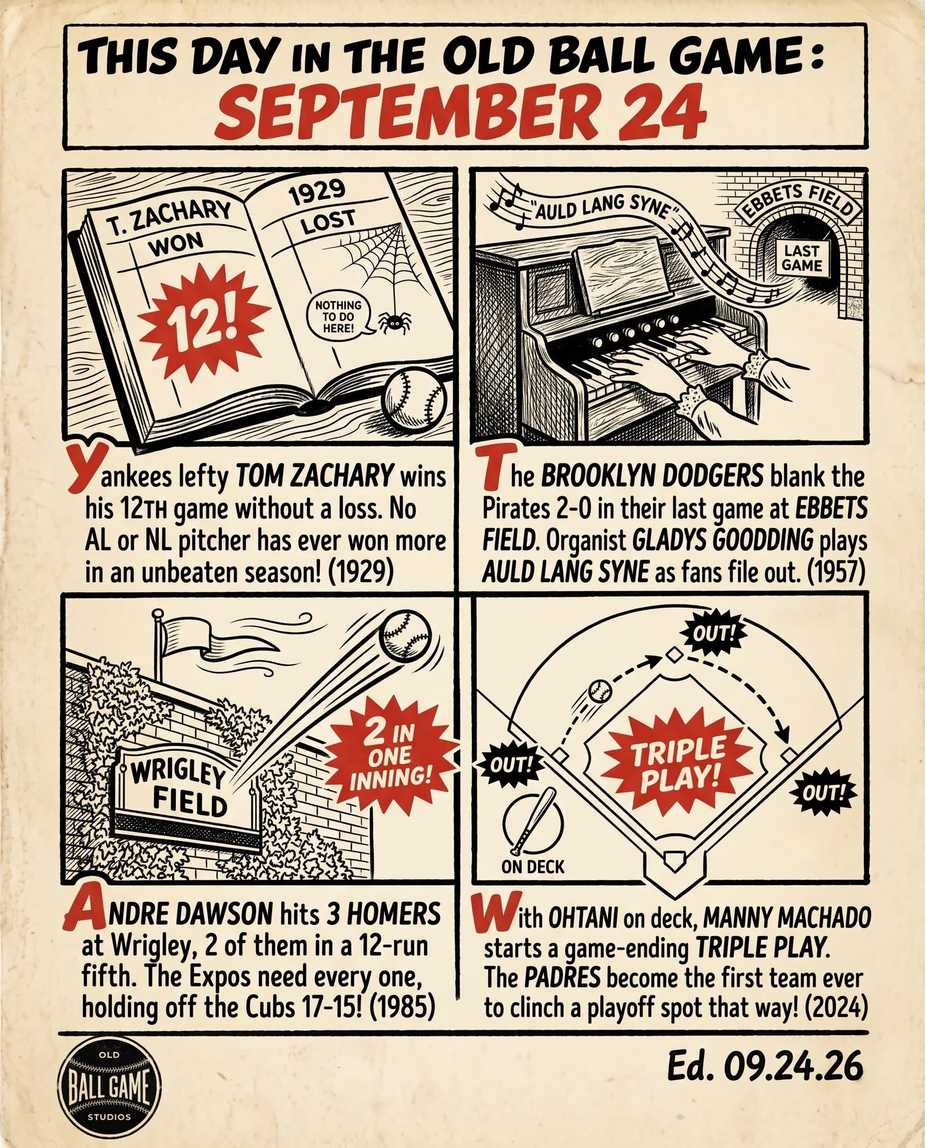 This Day in the Old Ball Game comic strip for September 24: four panels depicting Tom Zachary running his record to 12-0 for the Yankees in 1929; organist Gladys Goodding playing the Brooklyn Dodgers out of Ebbets Field in its final game in 1957; Andre Dawson hitting three home runs at Wrigley Field in a 17-15 Expos win in 1985; and the Padres clinching a playoff spot with a game-ending triple play at Dodger Stadium in 2024.