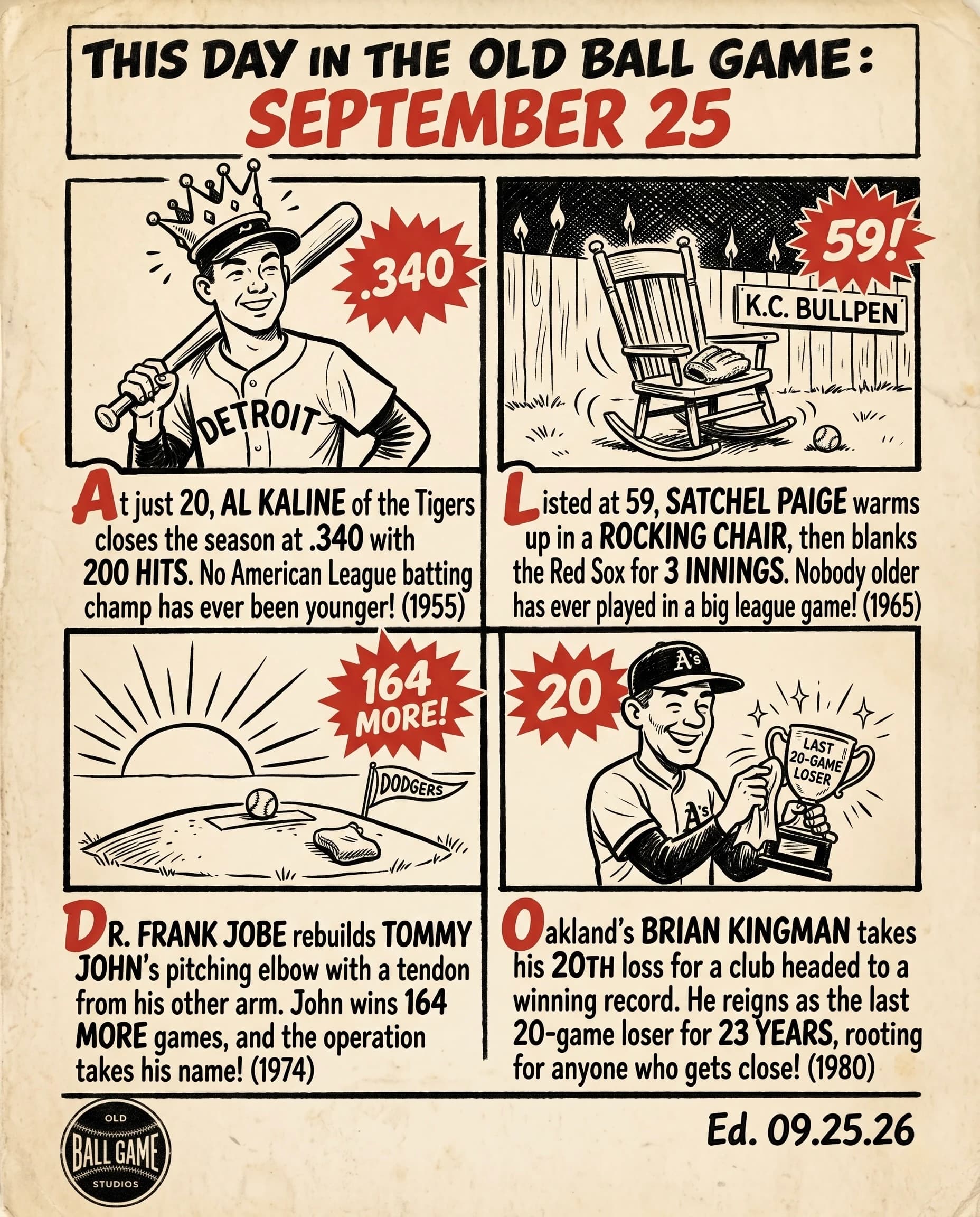 This Day in the Old Ball Game comic strip for September 25: four panels depicting Al Kaline winning the American League batting title at 20 in 1955; Satchel Paige pitching three scoreless innings for the Kansas City A's in 1965; Dr. Frank Jobe rebuilding Tommy John's elbow in 1974; and Brian Kingman taking his 20th loss of the season in 1980.