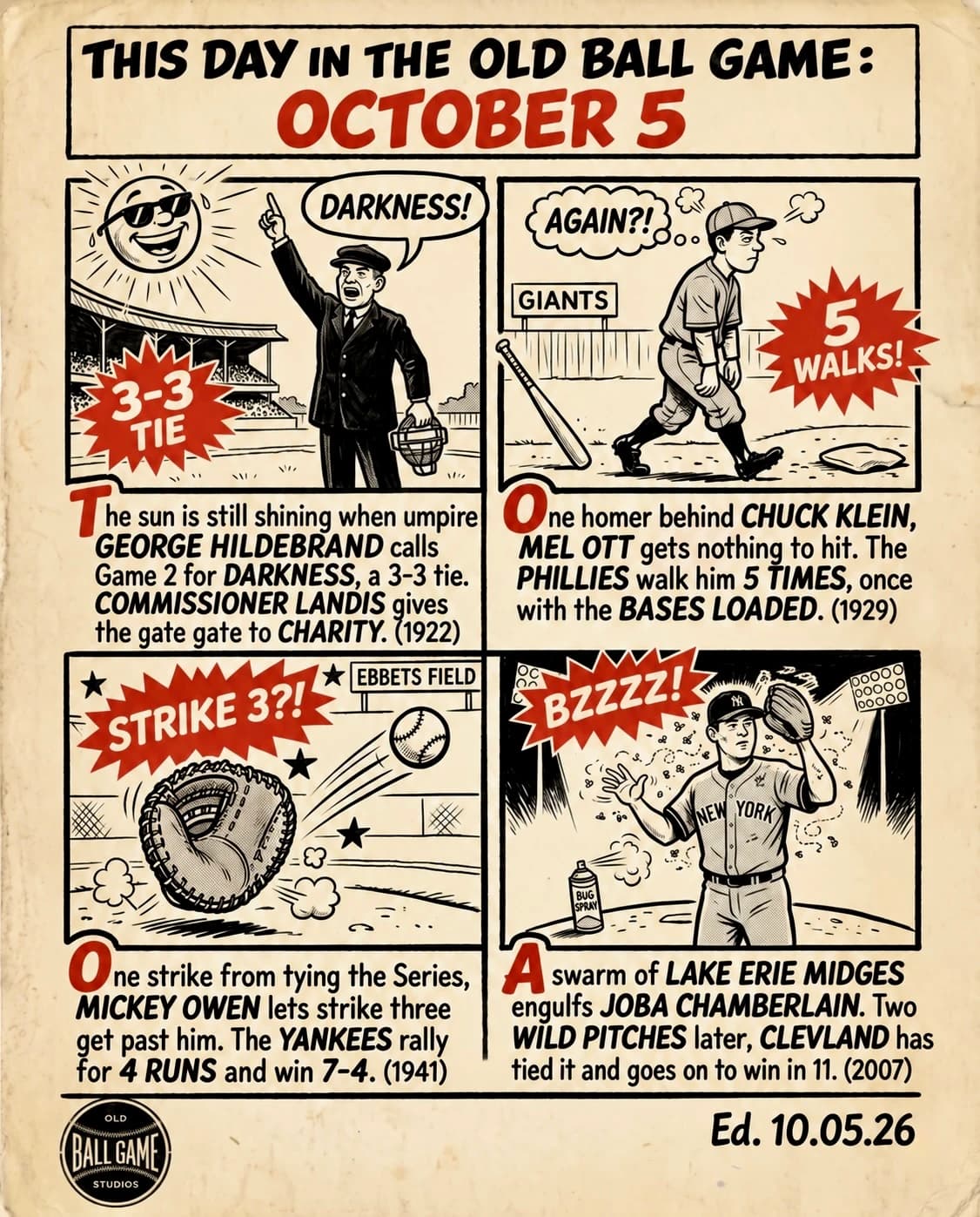 This Day in the Old Ball Game comic strip for October 5: four panels depicting Game 2 of the 1922 World Series called for darkness in daylight; Phillies pitchers walking Mel Ott five times to protect Chuck Klein's home run lead in 1929; Mickey Owen's dropped third strike in the 1941 World Series; and Joba Chamberlain swarmed by midges in the 2007 ALDS "Bug Game."