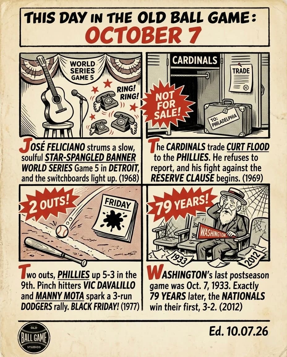 This Day in the Old Ball Game comic strip for October 7: four panels depicting José Feliciano singing his version of the national anthem before Game 5 of the 1968 World Series; Curt Flood refusing to report after his 1969 trade to Philadelphia; Vic Davalillo's two-out drag bunt sparking the Dodgers' "Black Friday" comeback against the Phillies in the 1977 NLCS; and Tyler Moore's pinch-hit single winning Washington's first postseason game in 79 years in 2012.