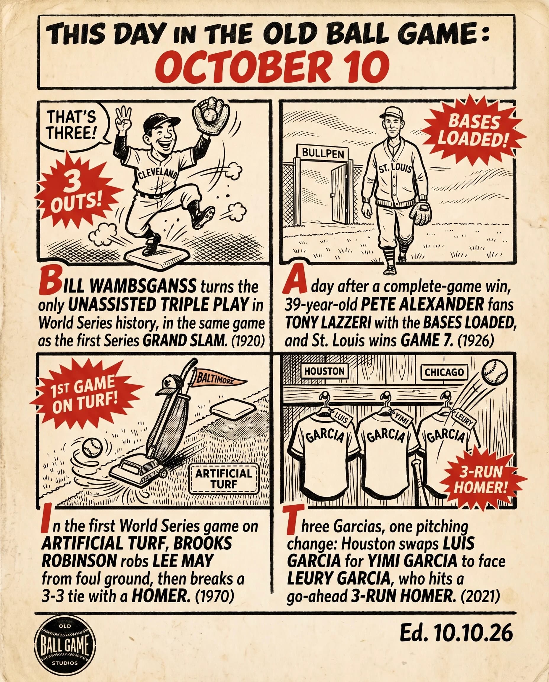 This Day in the Old Ball Game comic strip for October 10: four panels depicting Bill Wambsganss's unassisted triple play in the 1920 World Series; Pete Alexander striking out Tony Lazzeri in Game 7 of the 1926 World Series; Brooks Robinson's backhanded stop on the first World Series artificial turf in 1970; and Leury Garcia's three-run homer in the 2021 ALDS after Houston swapped Luis Garcia for Yimi Garcia.