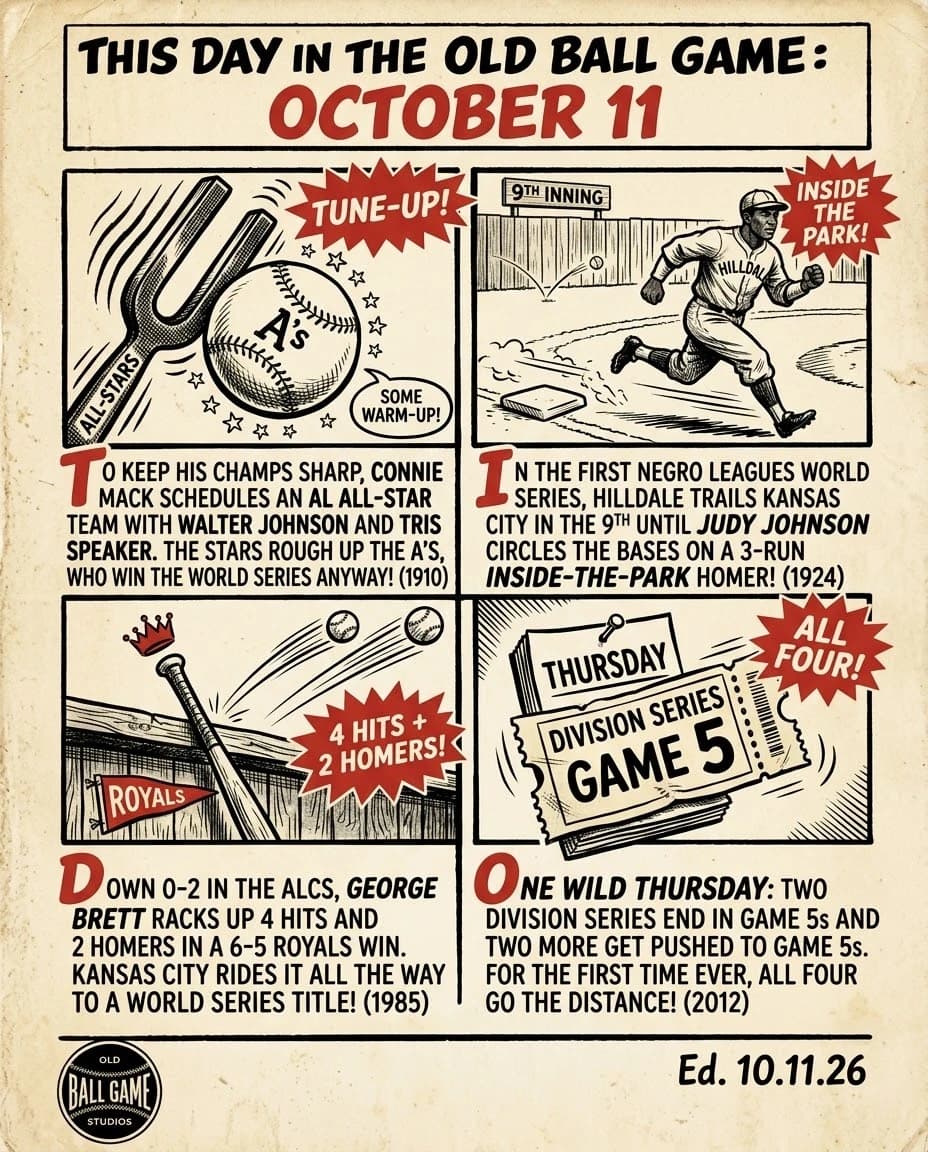 This Day in the Old Ball Game comic strip for October 11: four panels depicting Connie Mack's pennant-winning Athletics falling to a team of AL All-Stars in a pre-World Series tune-up in 1910; Judy Johnson's ninth-inning inside-the-park homer for Hilldale in the 1924 Colored World Series; George Brett's two homers and four hits in Game 3 of the 1985 ALCS; and all four 2012 Division Series going to a Game 5.