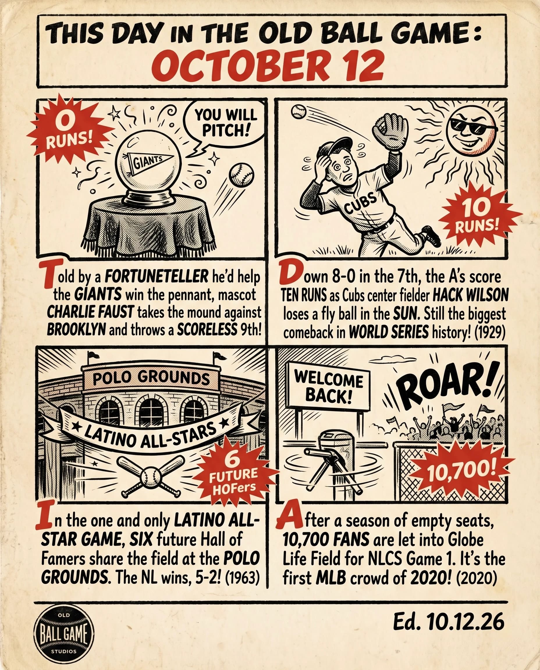 This Day in the Old Ball Game comic strip for October 12: four panels depicting Victory Faust's Prophecy Comes True: Charlie Faust pitching a scoreless ninth for John McGraw's Giants and then stealing his way home in 1911; Hack Wilson losing a fly ball in the sun as the Athletics scored ten runs in the seventh to erase an 8-0 Cubs lead in Game 4 of the 1929 World Series; Roberto Clemente, Juan Marichal and other Latin American stars playing a charity all-star game at the Polo Grounds in 1963; and fans returning to the stands at Globe Life Field for Game 1 of the 2020 NLCS.