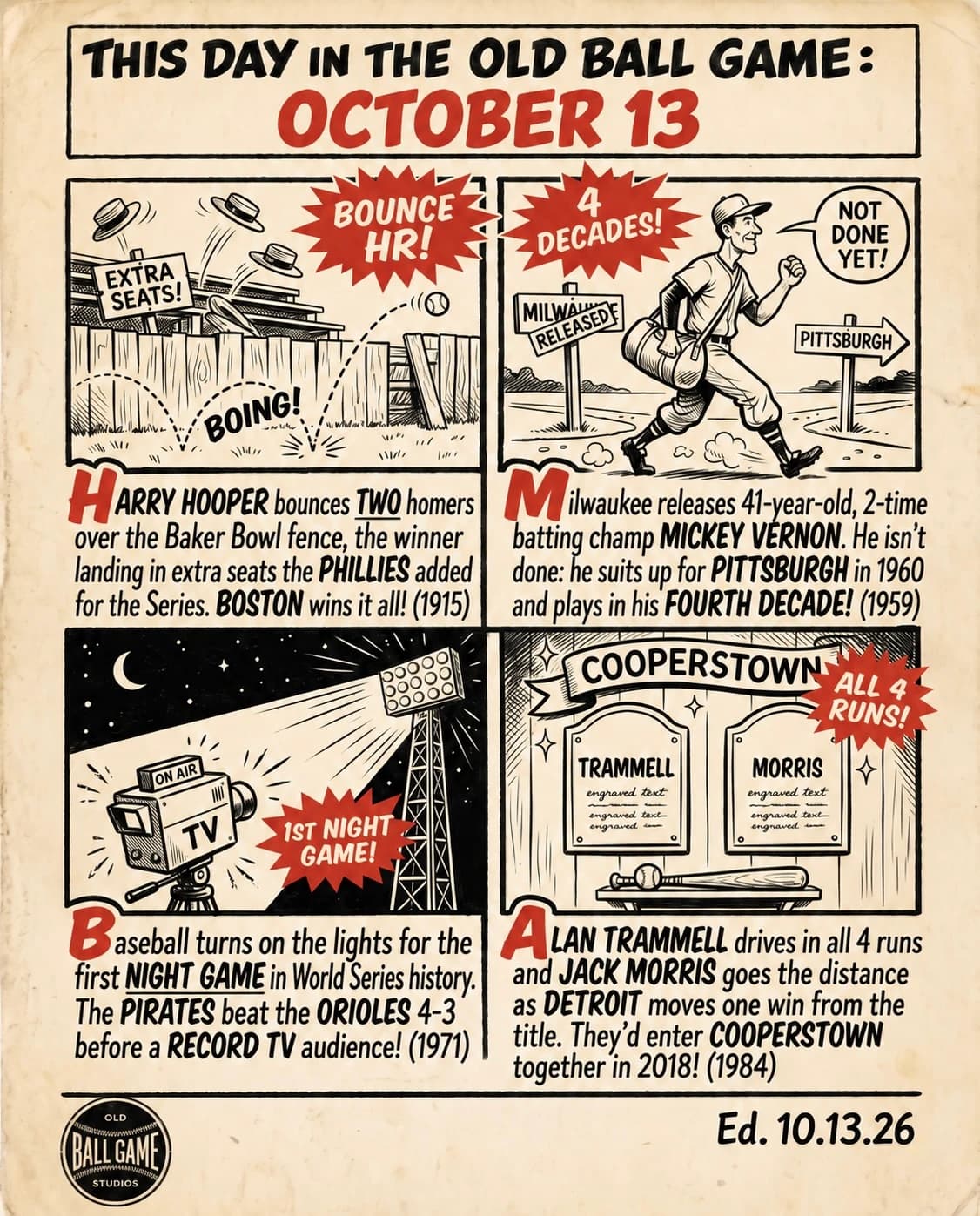 This Day in the Old Ball Game comic strip for October 13: four panels depicting Harry Hooper bouncing two home runs into Baker Bowl's extra seats to win the 1915 World Series for Boston; Mickey Vernon released by Milwaukee in 1959 before playing a fourth decade with the Pirates; the first night game in World Series history, Game 4 in Pittsburgh in 1971; and Alan Trammell's two homers behind Jack Morris's complete game in Game 4 of the 1984 World Series.